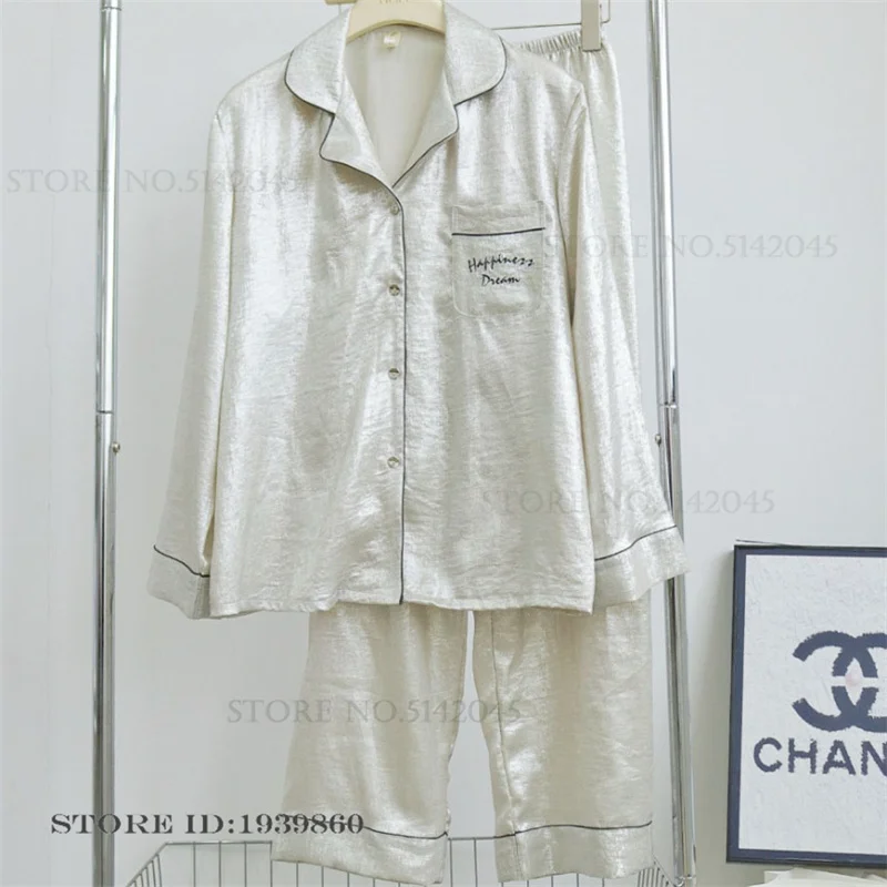 Spring Autumn New Women's Sleepwear Pajamas Set Silky Satin Pijamas Suit Nightwear Loose Casual Long Sleeve Trouser Homewear
Spring Autumn New Women's Sleepwear Pajamas Set Silky Satin Pijamas Suit Nightwear Loose Casual Long Sleeve Trouser Homewear