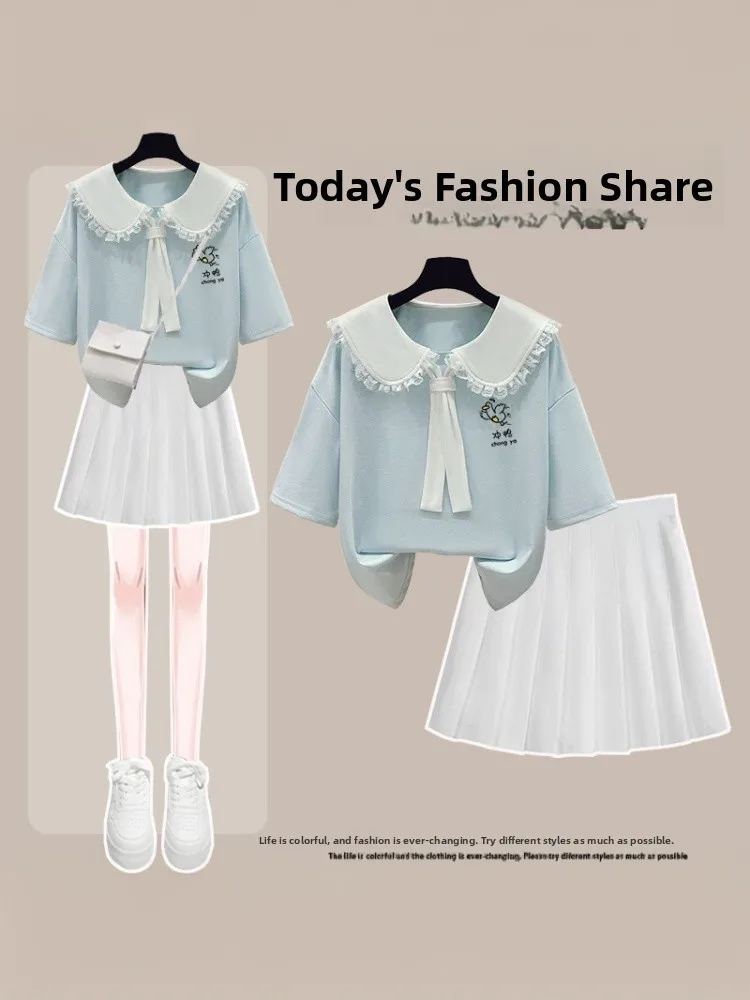 Комплект юбки Naval Sle ort Sve Doll Collar Плиссированный хлопок Летний модный студенческий orm Комплект из двух предметов 
Комплект юбки Naval Sle ort Sve Doll Collar Плиссированный хлопок Летний модный студенческий orm Комплект из двух предметов