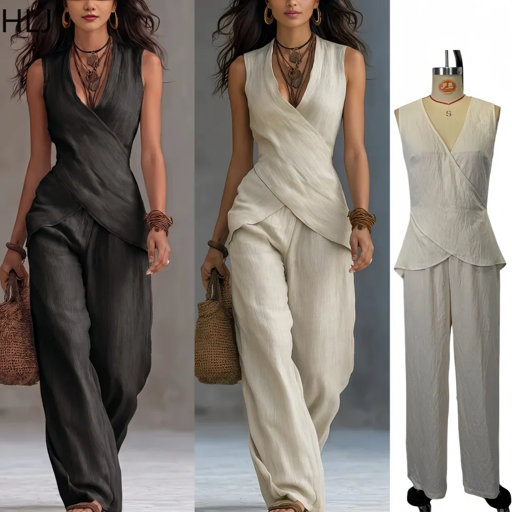 HLJ Women 2 Piece Linen Outfit Sleeveless V Neck Wrap Top High Waist Wide Leg Pants Set Elegant Summer Office Matching Outfit
HLJ Women 2 Piece Linen Outfit Sleeveless V Neck Wrap Top High Waist Wide Leg Pants Set Elegant Summer Office Matching Outfit