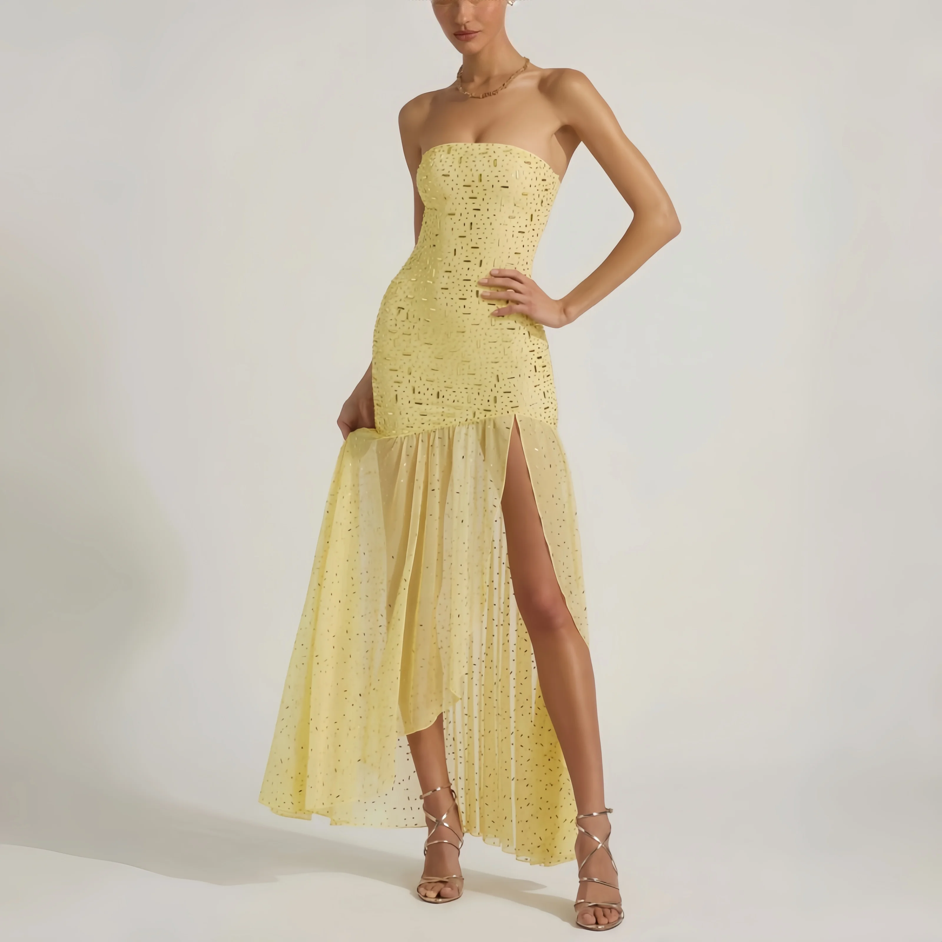 Chic Yellow Strapless Women's Casual Dresses Beaded Sequin Slit Sheer Bodycon Maxi Dress Elegant Party Outfit Evening Dress
Chic Yellow Strapless Women's Casual Dresses Beaded Sequin Slit Sheer Bodycon Maxi Dress Elegant Party Outfit Evening Dress