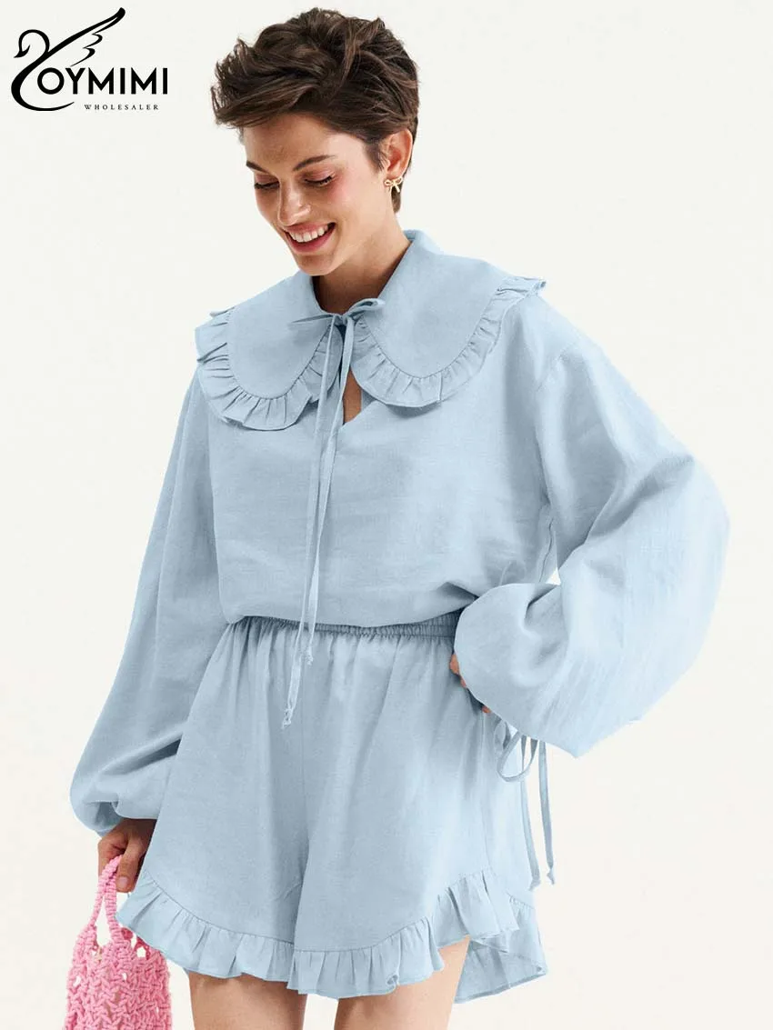 Oymimi Fashion Blue Cotton Sets Womens 2 Piece Elegant Peter Pan Collar Lace-Up Long Sleeve Tops + High Waist Ruffled Shorts Set
Oymimi Fashion Blue Cotton Sets Womens 2 Piece Elegant Peter Pan Collar Lace-Up Long Sleeve Tops + High Waist Ruffled Shorts Set