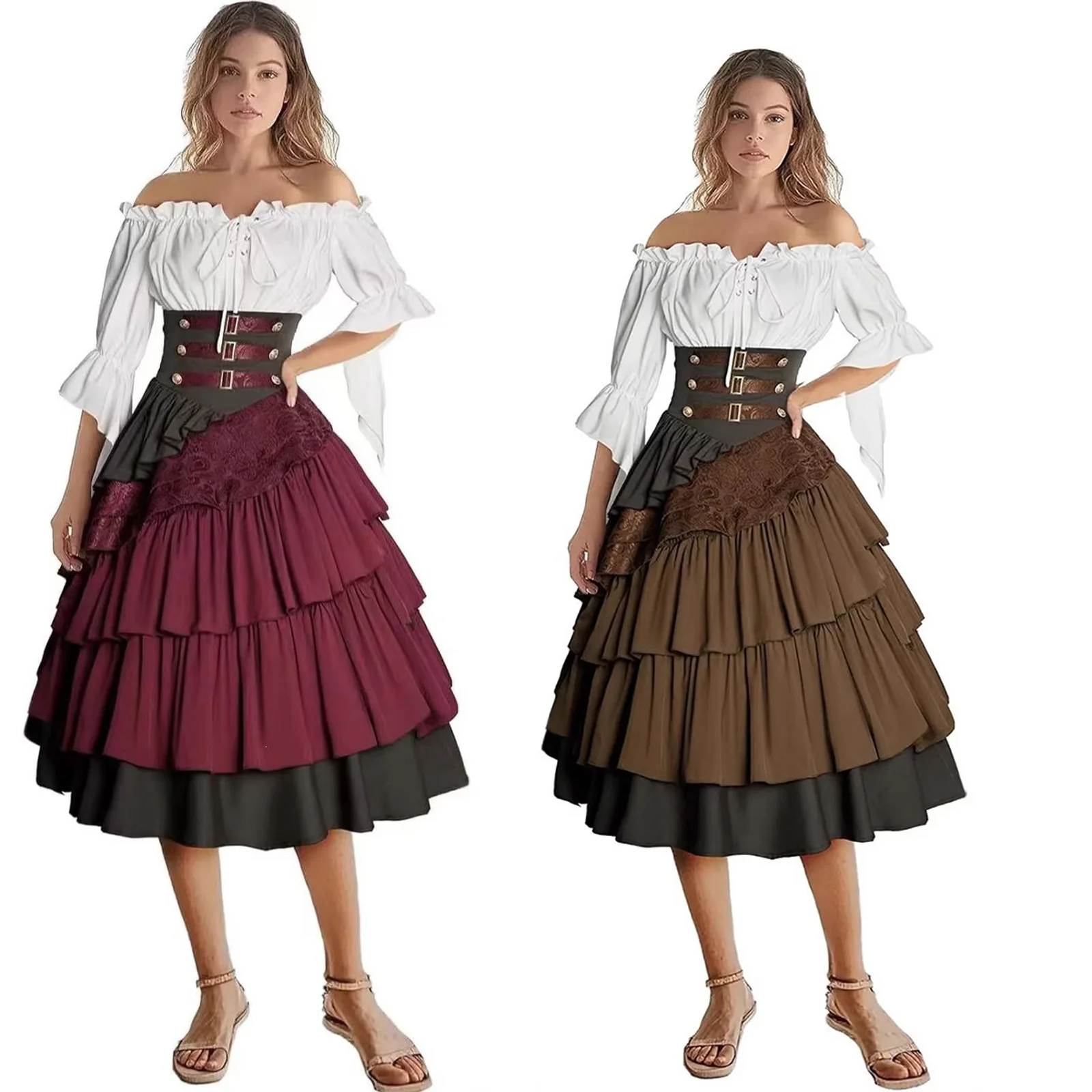 Woman Gothic Medieval Ruffle Trim Gothic Skirt One Shoulder Shirt Front Lace Corset Ball Gown Vintage Pirate Costume for Female
Woman Gothic Medieval Ruffle Trim Gothic Skirt One Shoulder Shirt Front Lace Corset Ball Gown Vintage Pirate Costume for Female