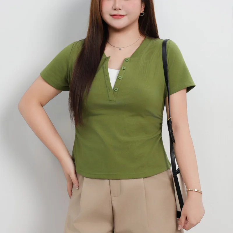 Contrasting Color V-neck Simple Fold Waist T-shirt Plus Size Women's Summer Commuting Style 100KG Premium Short Sleeve Tees
Contrasting Color V-neck Simple Fold Waist T-shirt Plus Size Women's Summer Commuting Style 100KG Premium Short Sleeve Tees