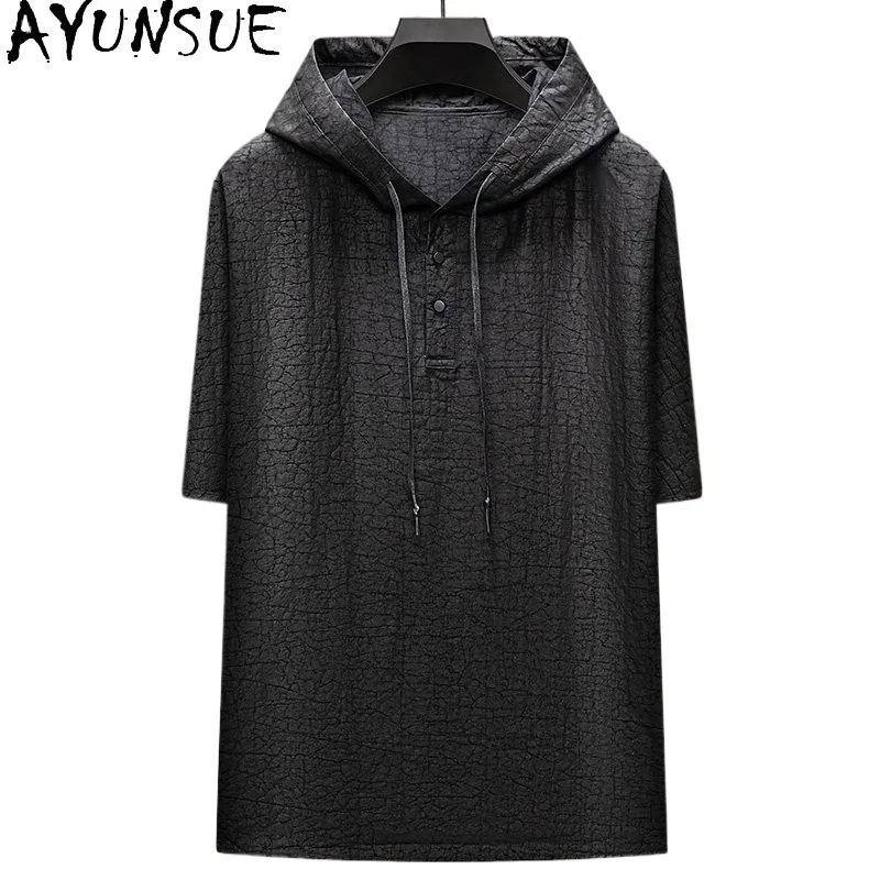 AYUNSUE High-end 100% Real Mulberry Silk T Shirts for Man Luxury 2026 Summer Top Watered Gauze Hooded Shirt Thin T Shirt Herren
AYUNSUE High-end 100% Real Mulberry Silk T Shirts for Man Luxury 2026 Summer Top Watered Gauze Hooded Shirt Thin T Shirt Herren