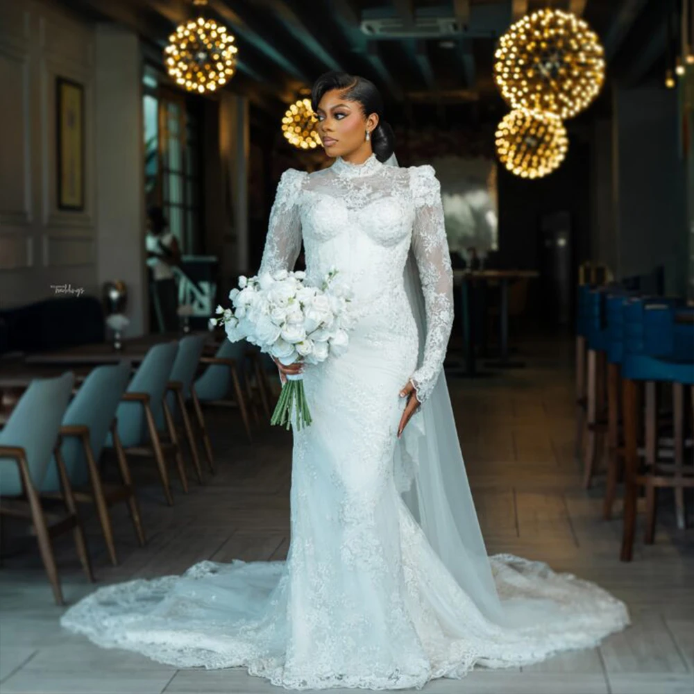 Mophiel Lace Weddings Dresses Long Sleeves High Neck Mermaid African Bride Dress Sweep Train Elegant Bridal Gowns Customized
Mophiel Lace Weddings Dresses Long Sleeves High Neck Mermaid African Bride Dress Sweep Train Elegant Bridal Gowns Customized