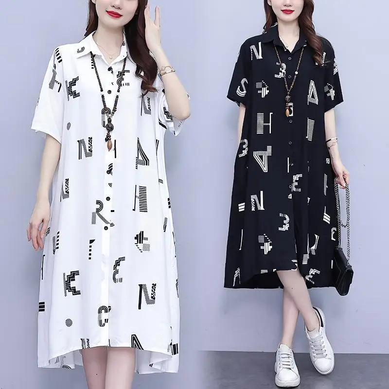 Korean Turn-down Collar Midi Dress Summer Short Sleeve Commute Single-breasted Women's Clothing Loose Fashion Irregular Dresses
Korean Turn-down Collar Midi Dress Summer Short Sleeve Commute Single-breasted Women's Clothing Loose Fashion Irregular Dresses
