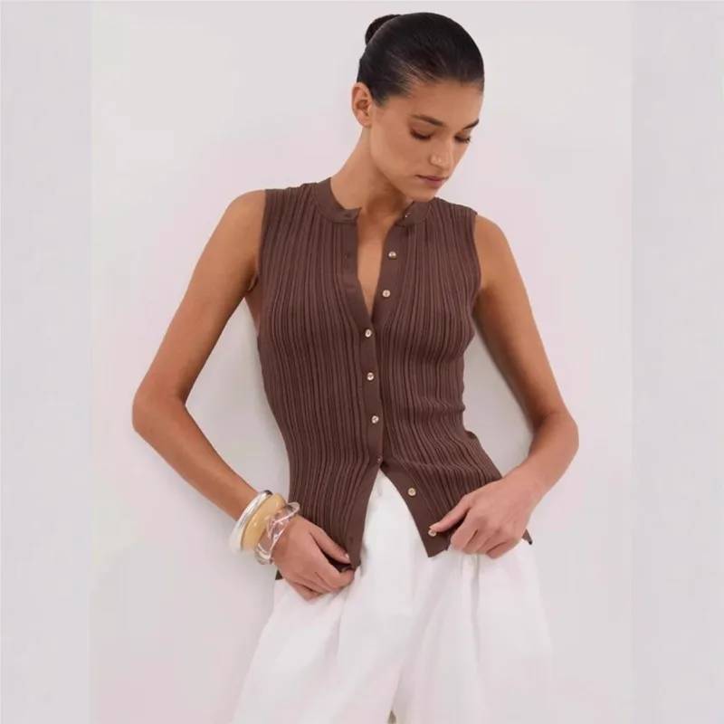 Summer Ribbed Knitwear Cardigan Top Women Sleeveless Solid Single Breasted Slim Fit Vest Women's Knit Cardigan Coat 
Summer Ribbed Knitwear Cardigan Top Women Sleeveless Solid Single Breasted Slim Fit Vest Women's Knit Cardigan Coat