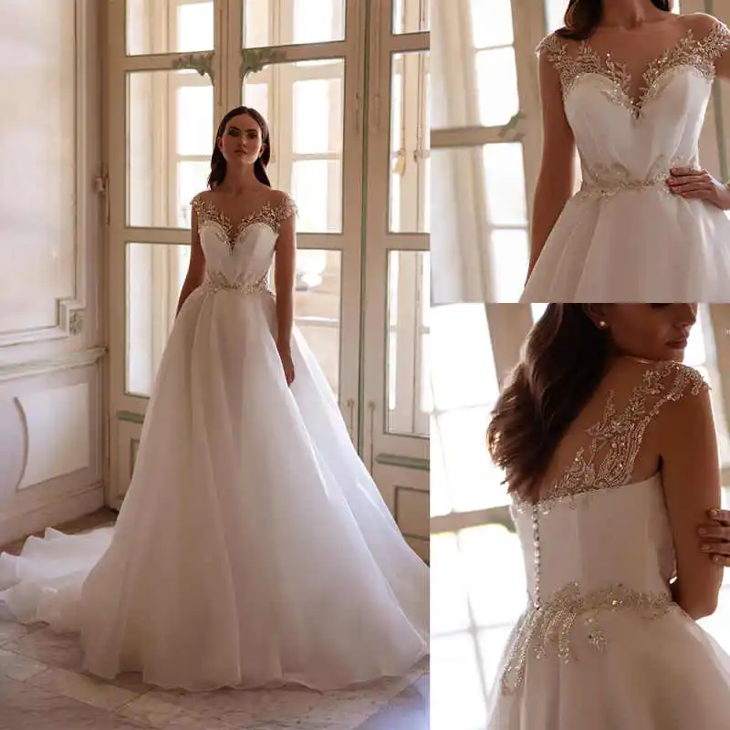 Illusion A Line Wedding Dresses V-Neck Appliques Flowers Lace Evening Party Gowns Vestido De Noiva Court Train Customized
Illusion A Line Wedding Dresses V-Neck Appliques Flowers Lace Evening Party Gowns Vestido De Noiva Court Train Customized