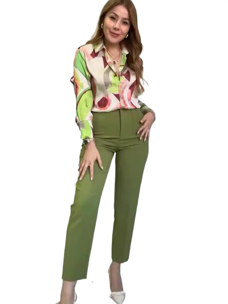 Fashion Lady Two Piece Set Loose Lapel Long Sleeve Printed Single Breasted Shirt High Waist Trousers Set For Women 
Fashion Lady Two Piece Set Loose Lapel Long Sleeve Printed Single Breasted Shirt High Waist Trousers Set For Women
