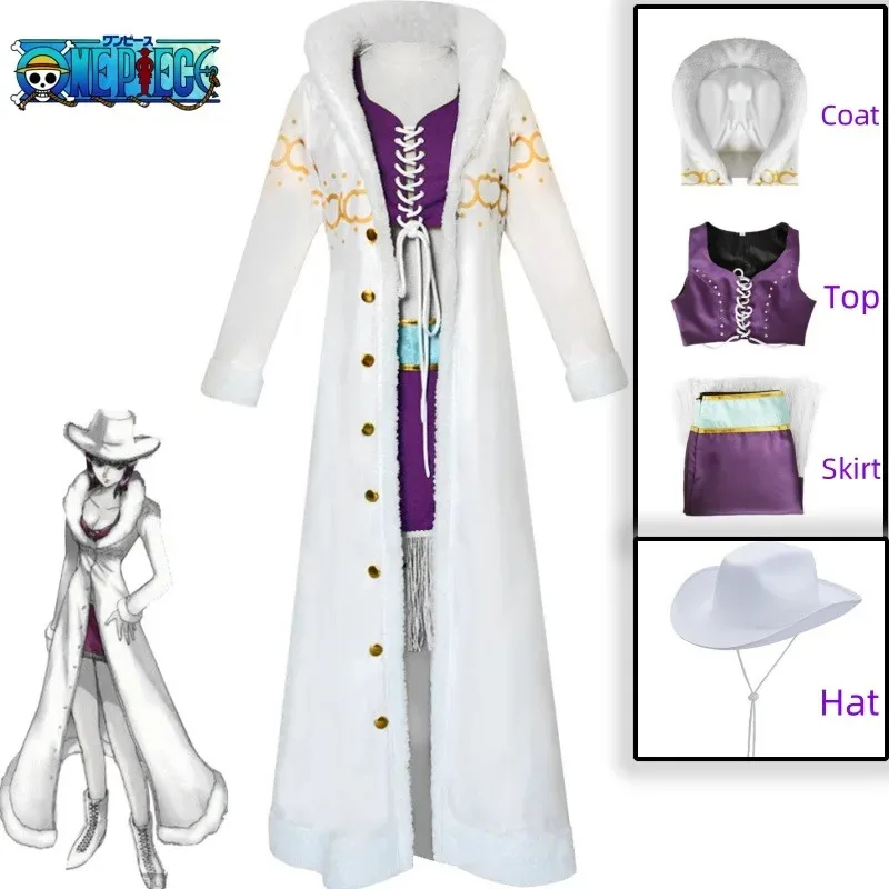 Nico Robin anime ONE PIECE cosplay costume Purple Dress Uniform Long Fur Collar White Cloak Punk Outfit halloween costume women
Nico Robin anime ONE PIECE cosplay costume Purple Dress Uniform Long Fur Collar White Cloak Punk Outfit halloween costume women