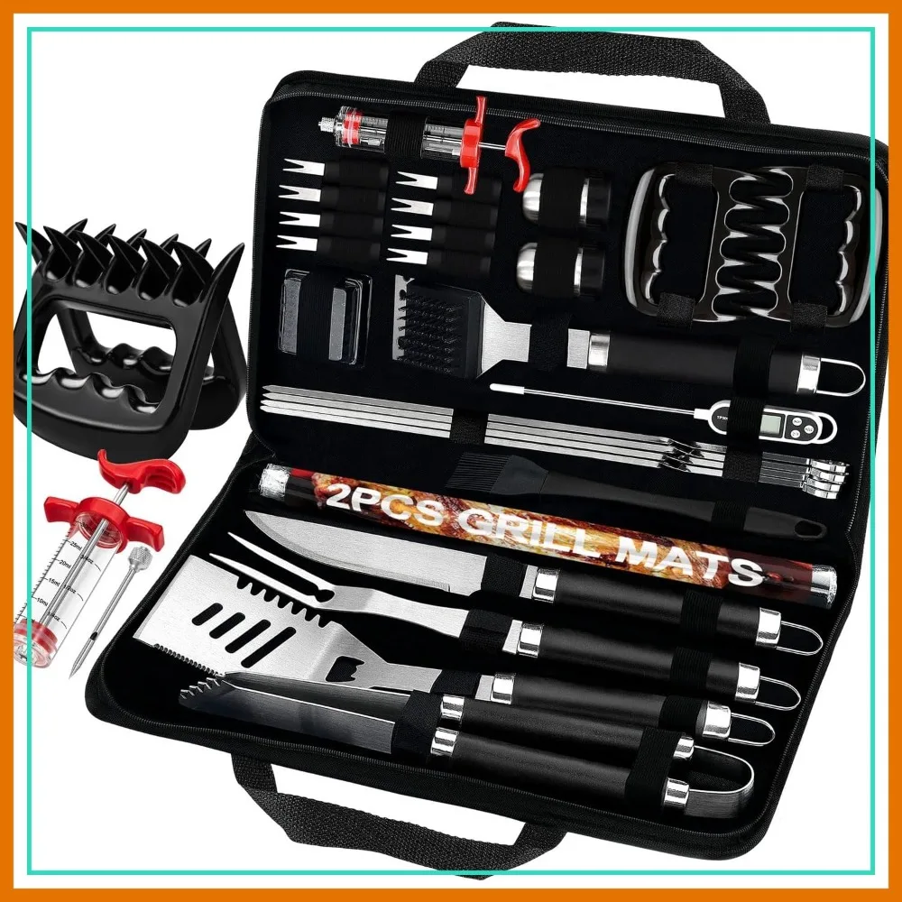 28Pcs BBQ Grilling Accessories Set with Meat Injector, Barbecue Claws, Mats, Thermometer for Smoker, Camping Grill Utensils Gift for Men Black
28Pcs BBQ Grilling Accessories Set with Meat Injector, Barbecue Claws, Mats, Thermometer for Smoker, Camping Grill Utensils Gift for Men Black