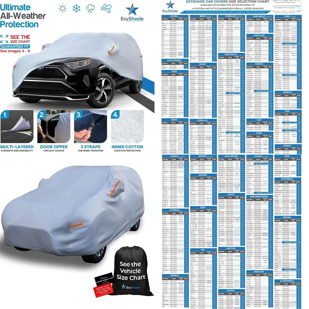 10-слойный водонепроницаемый автомобильный чехол для внедорожника для защиты от любых погодных воздействий — размер S3 (доставины с таблицей размеров)
10-слойный водонепроницаемый автомобильный чехол для внедорожника для защиты от любых погодных воздействий — размер S3 (доставины с таблицей размеров)