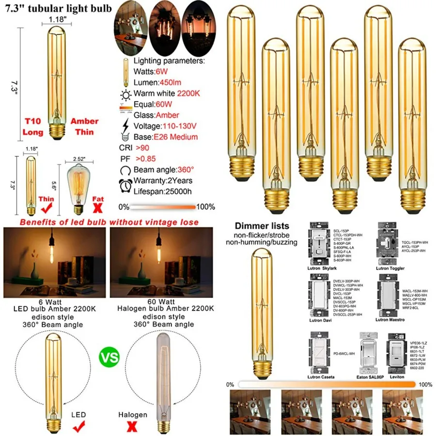 E26 LED Bulb Dimmable 6W led Bulb Equal 60 Watt Light Bulb Warm White 2200K Amber Edison Bulb AC120V 450lm T10 led Bulb for Rus
E26 LED Bulb Dimmable 6W led Bulb Equal 60 Watt Light Bulb Warm White 2200K Amber Edison Bulb AC120V 450lm T10 led Bulb for Rus