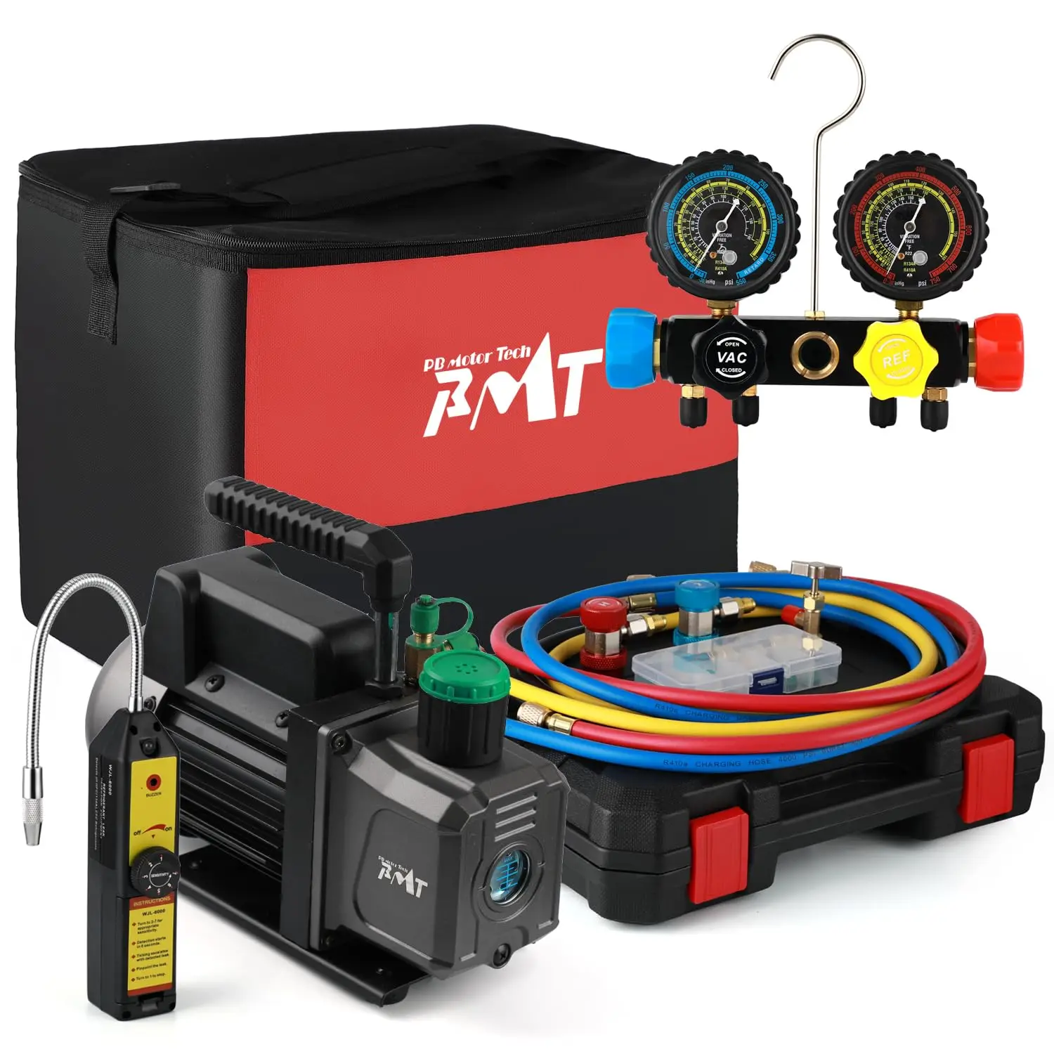 PB Motor TECH 4.5CFM 1/3HP Vacuum Pump with 4-Way AC Manifold Gauge Set for R134a R22 R410a - Includes Leak Detector, Puncture C
PB Motor TECH 4.5CFM 1/3HP Vacuum Pump with 4-Way AC Manifold Gauge Set for R134a R22 R410a - Includes Leak Detector, Puncture C