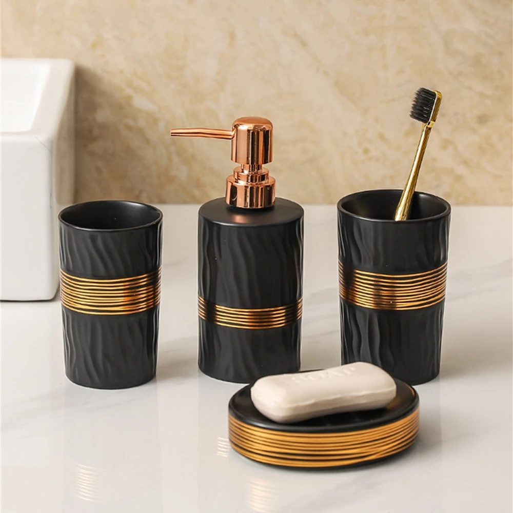 4 Pcs Black Light Luxury Style Bathroom Wash Accessories, Soap Dispenser, Mouthwash Cup, Toothbrush Holder, and Soap Dish
4 Pcs Black Light Luxury Style Bathroom Wash Accessories, Soap Dispenser, Mouthwash Cup, Toothbrush Holder, and Soap Dish