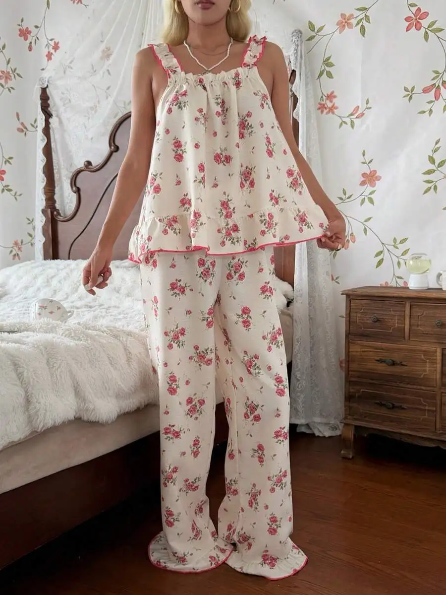 Womens Floral Print Camisole And Wide Leg Pants Pajama Set With Ruffle Trim
Womens Floral Print Camisole And Wide Leg Pants Pajama Set With Ruffle Trim