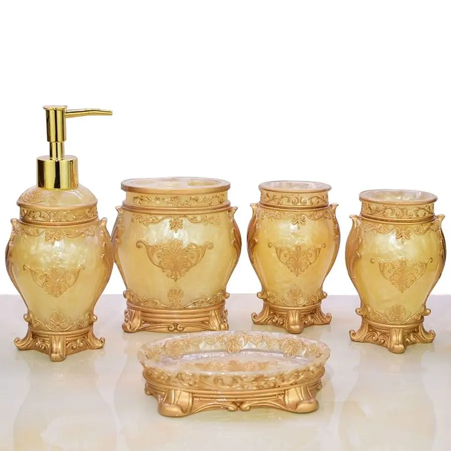 5pcs Bathroom Accessories Set, Soap Dispenser, Toothbrush Holder, Bathroom Tumbler, Soap DishGolden
5pcs Bathroom Accessories Set, Soap Dispenser, Toothbrush Holder, Bathroom Tumbler, Soap DishGolden