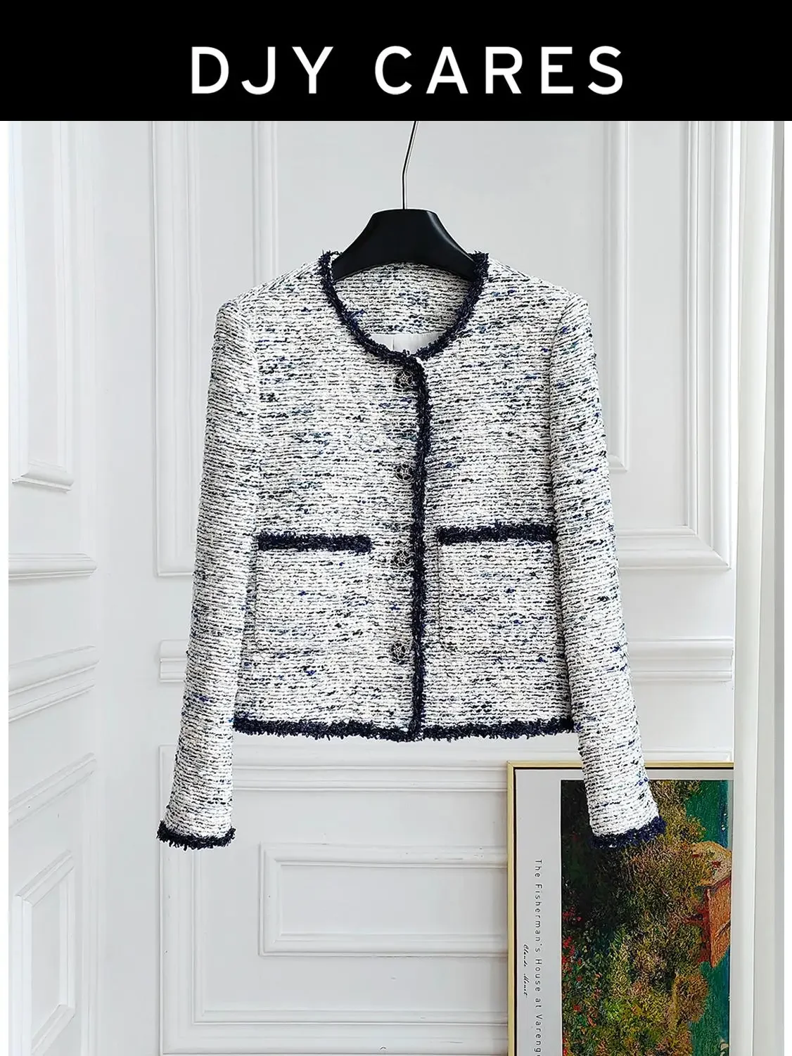 New blue white color Coarse woolen contrasting patchwork jacket big size
New blue white color Coarse woolen contrasting patchwork jacket big size