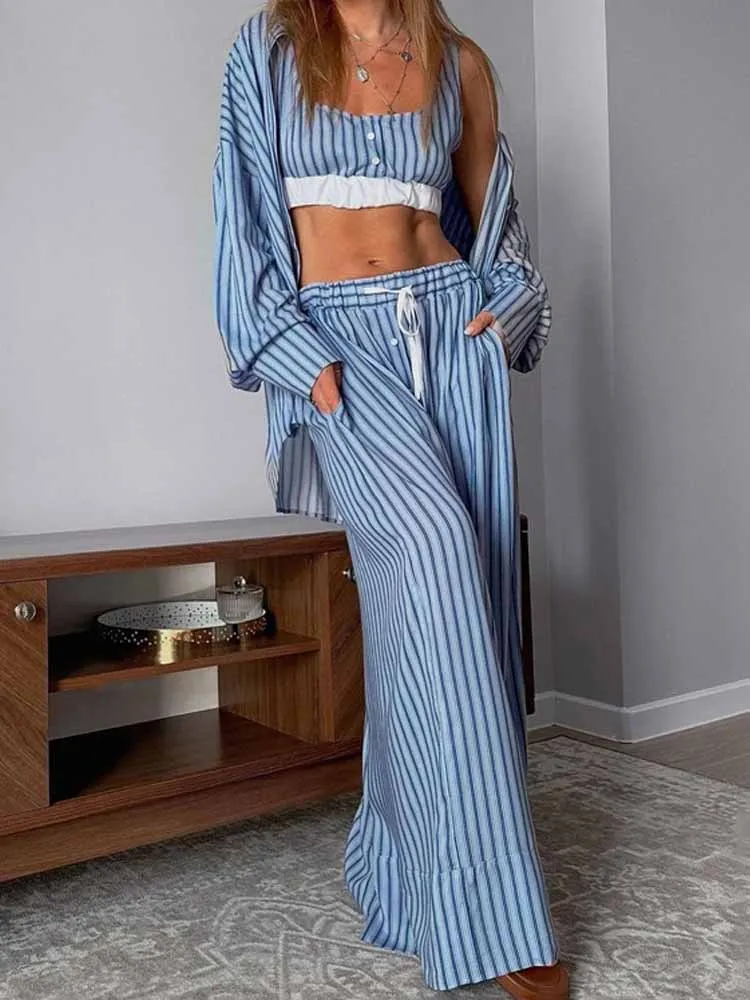 MCDV Fashion Blue Stripe 3 Pieces Set Women Long Sleeve Button Shirt Sling Crop Top + Wide Leg Trouser Casual Loose Daily Outfit 
MCDV Fashion Blue Stripe 3 Pieces Set Women Long Sleeve Button Shirt Sling Crop Top + Wide Leg Trouser Casual Loose Daily Outfit