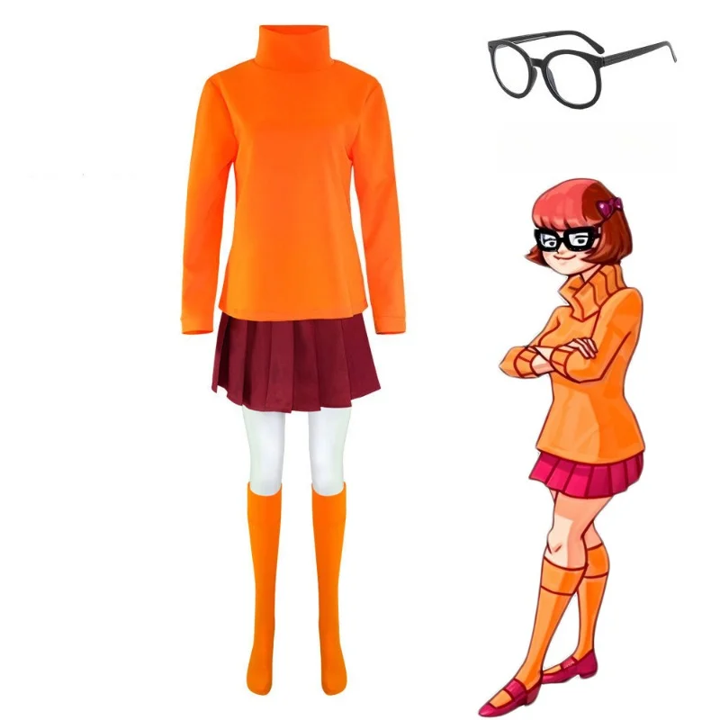 Velma Cosplay Costume Orange Crop Top Pleated Skirt with Glasses & Sock Set for Women Carnival Party Roleplay Outfi
Velma Cosplay Costume Orange Crop Top Pleated Skirt with Glasses & Sock Set for Women Carnival Party Roleplay Outfi
