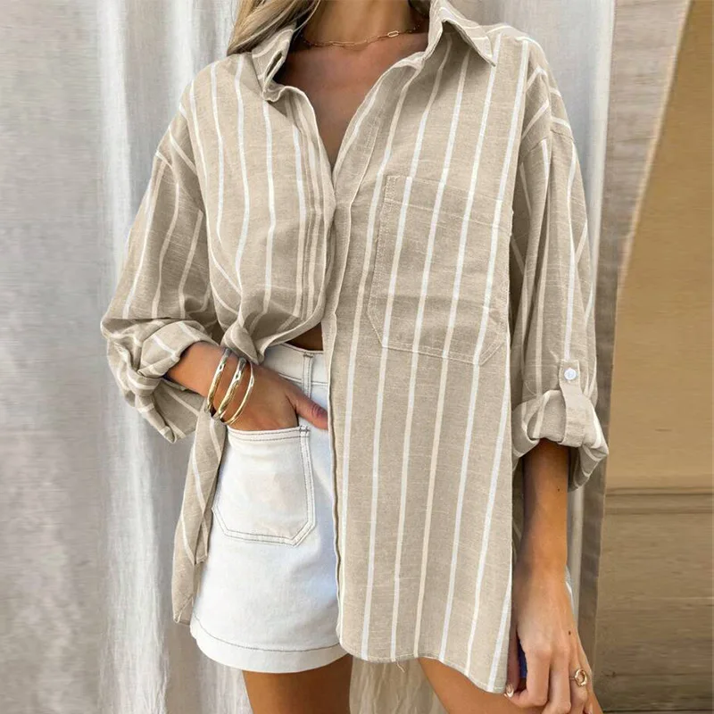 Американские европейские модные полосатые рубашки 2025 г., женские свободные повседневные модные кардиганы с отложным воротником и длинными рукавами, женские рубашки
Американские европейские модные полосатые рубашки 2025 г., женские свободные повседневные модные кардиганы с отложным воротником и длинными рукавами, женские рубашки