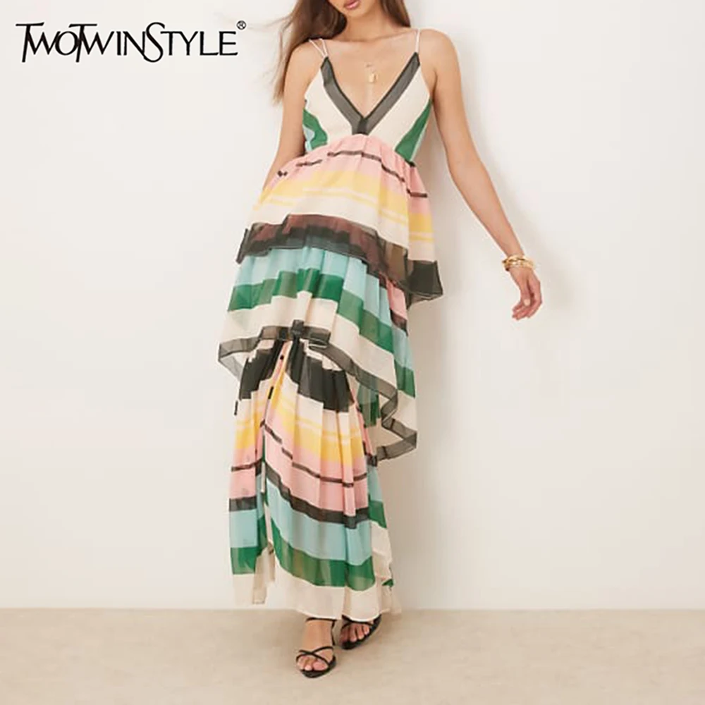 TWOTWINSTYLE Colorblock Loose Spliced Ruffles Dress for Women V Neck Sleeveless Patchwork Print Midi Dresses Female Fashion New
TWOTWINSTYLE Colorblock Loose Spliced Ruffles Dress for Women V Neck Sleeveless Patchwork Print Midi Dresses Female Fashion New