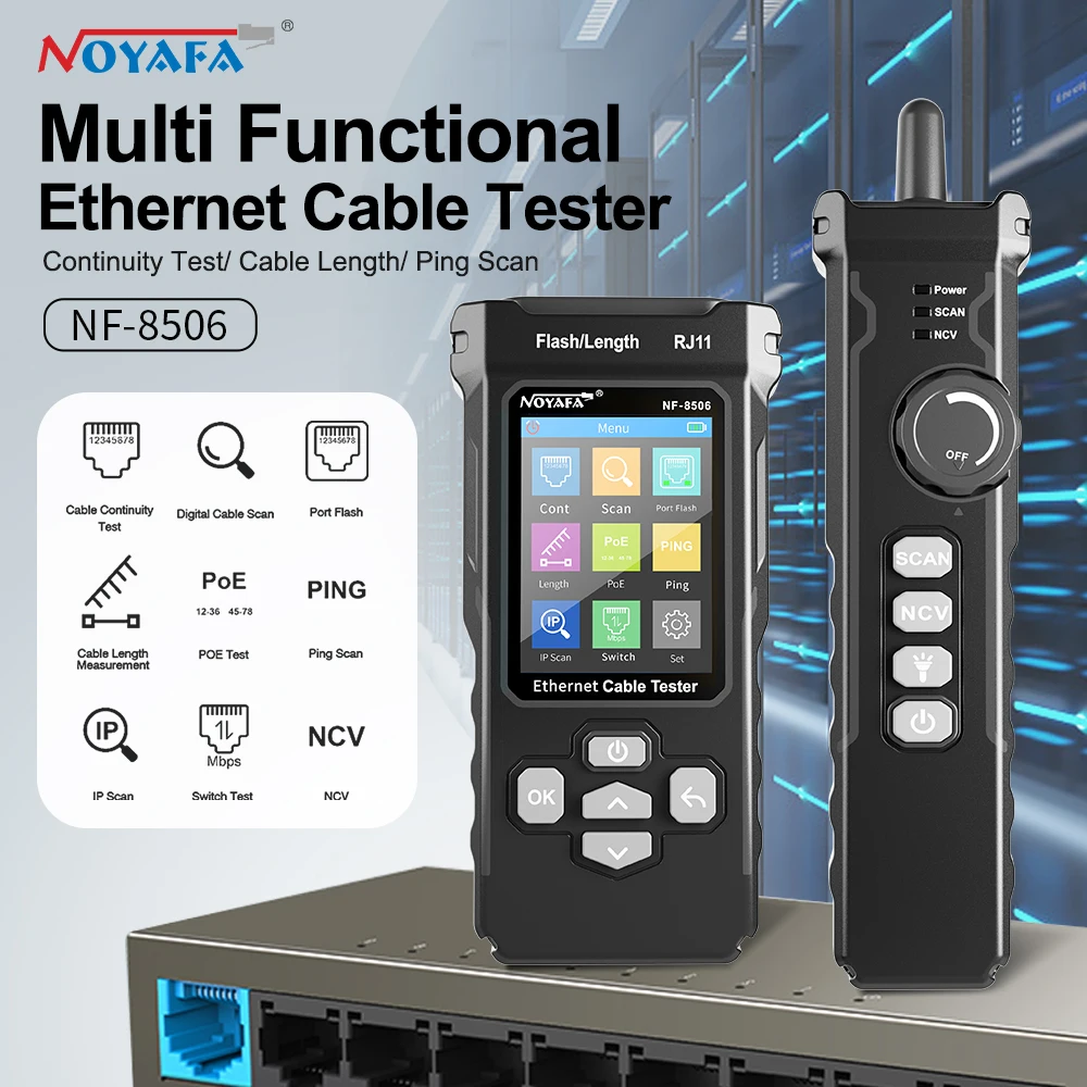 Noyafa NF-8506 Networt Cable Tracker with Ping/Poe Function LCD Display Cable Tester Measure Length Wiremap Tester Networt Tools
Noyafa NF-8506 Networt Cable Tracker with Ping/Poe Function LCD Display Cable Tester Measure Length Wiremap Tester Networt Tools