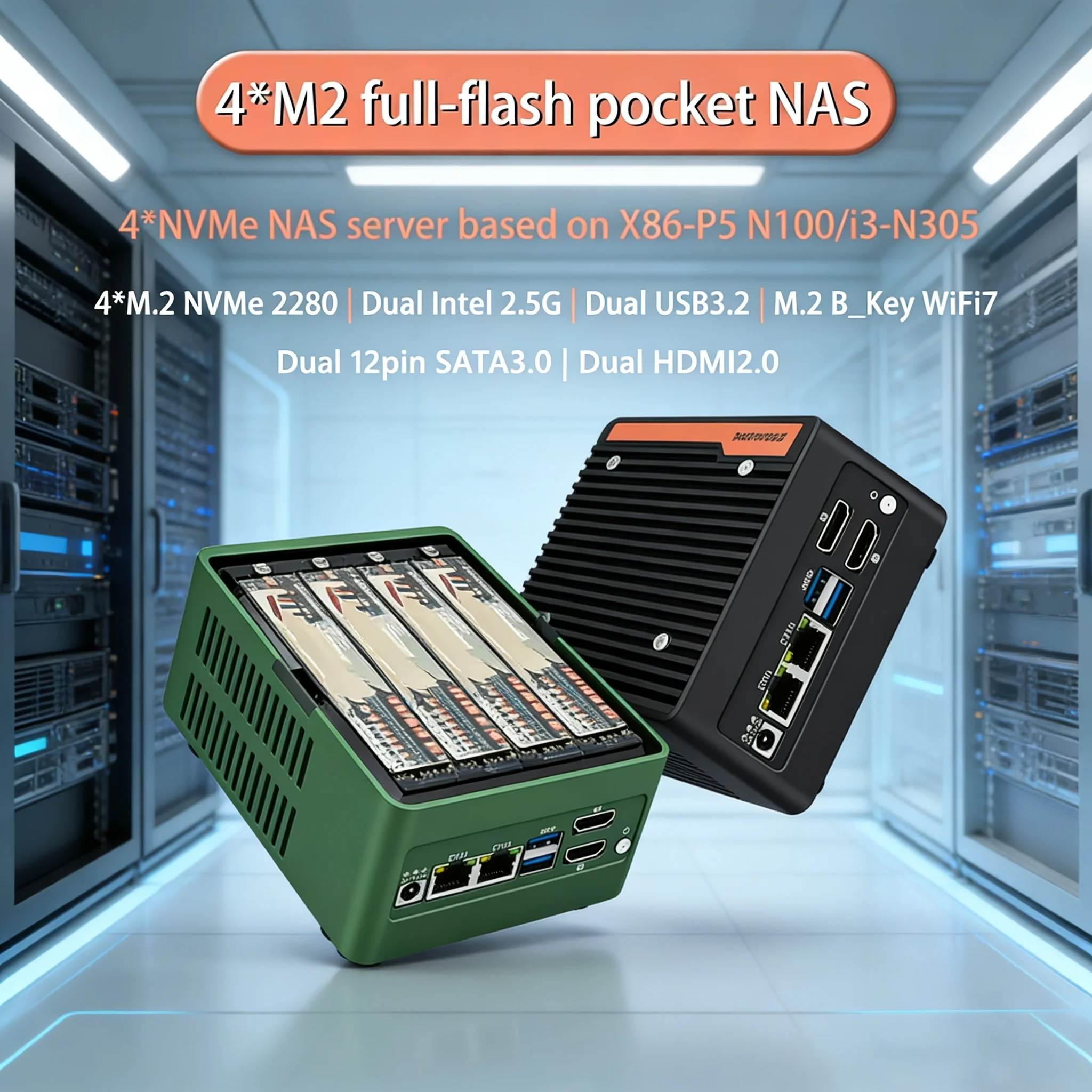 Pocket NAS Twin Lake Intel N150 Quad Core Firewall Mini PC 4xM.2 NVMe 2xSATA3.0 DDR5 2x2.5G LAN 2xUSB3.2 2xHDMI2.0 Compact host
Pocket NAS Twin Lake Intel N150 Quad Core Firewall Mini PC 4xM.2 NVMe 2xSATA3.0 DDR5 2x2.5G LAN 2xUSB3.2 2xHDMI2.0 Compact host