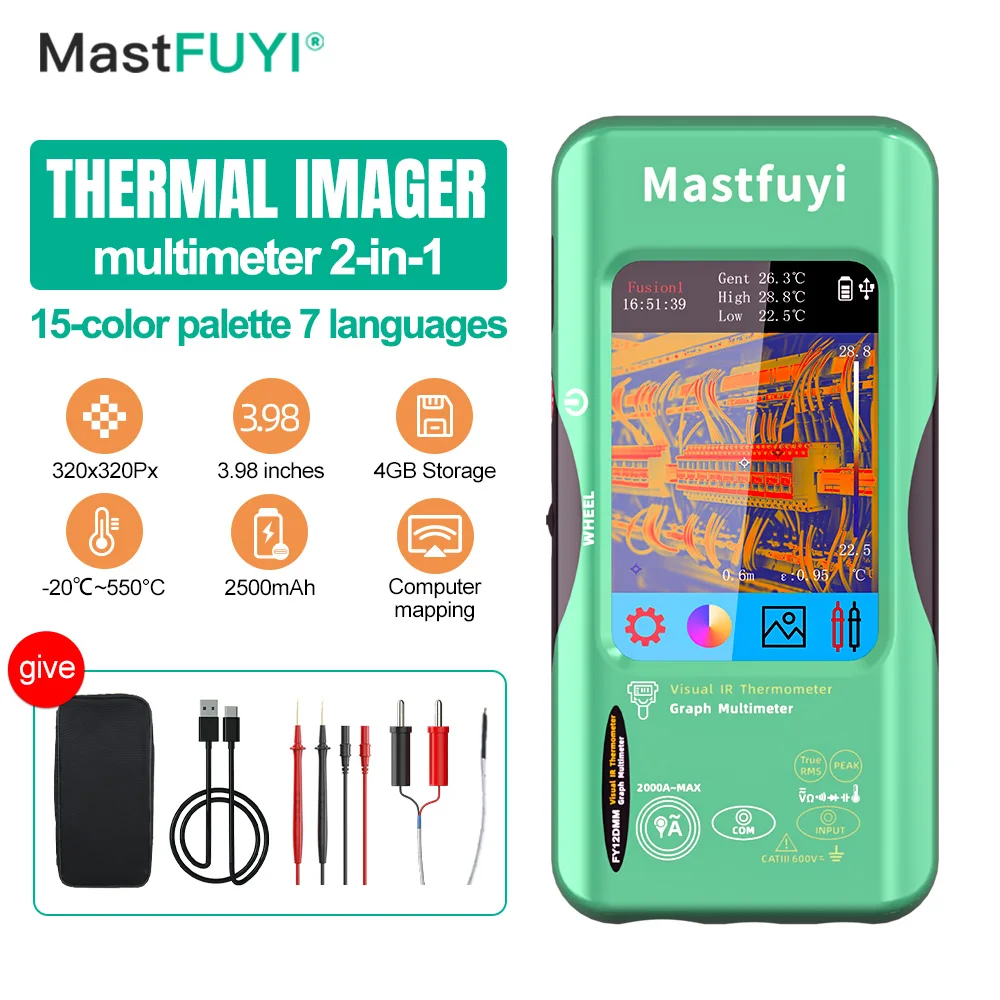 MASTFUYI Thermal Imaging Multimeter 2-in-1 320*320 resolution 3.98 inch touchable 15 color palettes circuit board repair test 
MASTFUYI Thermal Imaging Multimeter 2-in-1 320*320 resolution 3.98 inch touchable 15 color palettes circuit board repair test