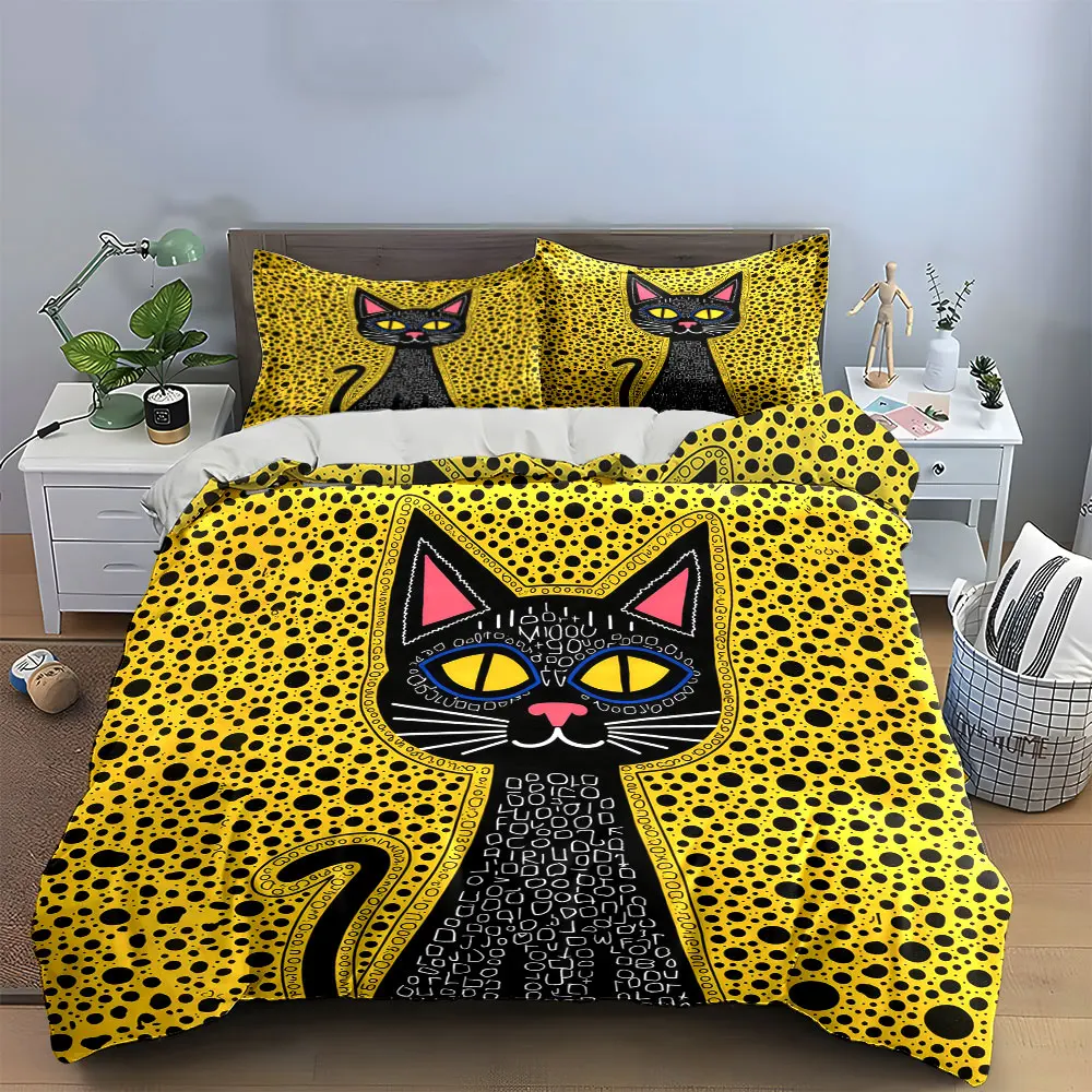 Black Dot Background Letter Black Cat Duvet Cover Set, Folk Art Kitty Bedding Includes 1 Duvet Cover And 2 Pillowcase, Gift
Black Dot Background Letter Black Cat Duvet Cover Set, Folk Art Kitty Bedding Includes 1 Duvet Cover And 2 Pillowcase, Gift
