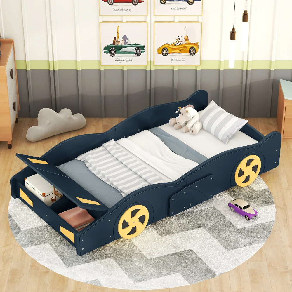 Twin Size Race Car-Shaped Platform Bed with Wheels and Storage, Dark Blue+Yellow
Twin Size Race Car-Shaped Platform Bed with Wheels and Storage, Dark Blue+Yellow