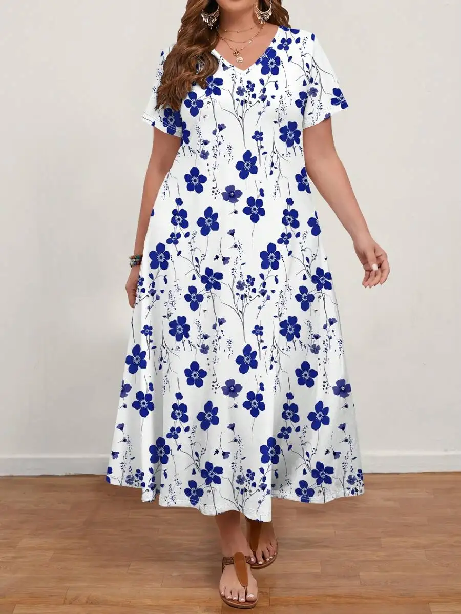 Plus Size V-Neck Short Sleeve Maxi Dress With Blue Floral Print, Boho Style For Summer Beach, Vacation And Casual Wear
Plus Size V-Neck Short Sleeve Maxi Dress With Blue Floral Print, Boho Style For Summer Beach, Vacation And Casual Wear