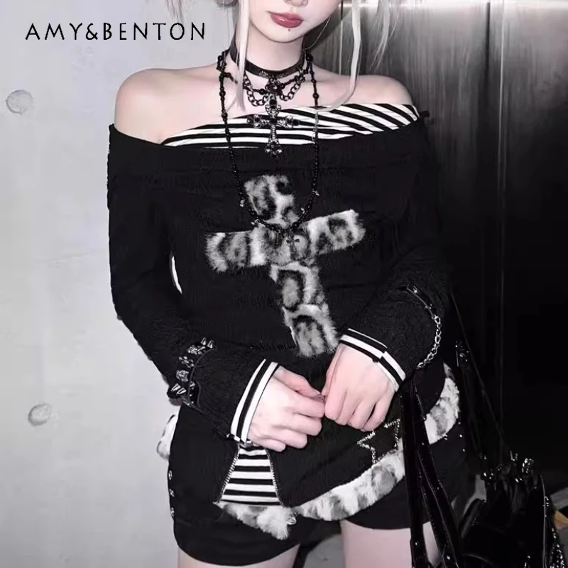 Retro Black Hot Girl Fake Two-piece Women's Top Spring Autumn Slim-fit Letter Punk Print Knitted Long-sleeved T-shirt Ladies
Retro Black Hot Girl Fake Two-piece Women's Top Spring Autumn Slim-fit Letter Punk Print Knitted Long-sleeved T-shirt Ladies