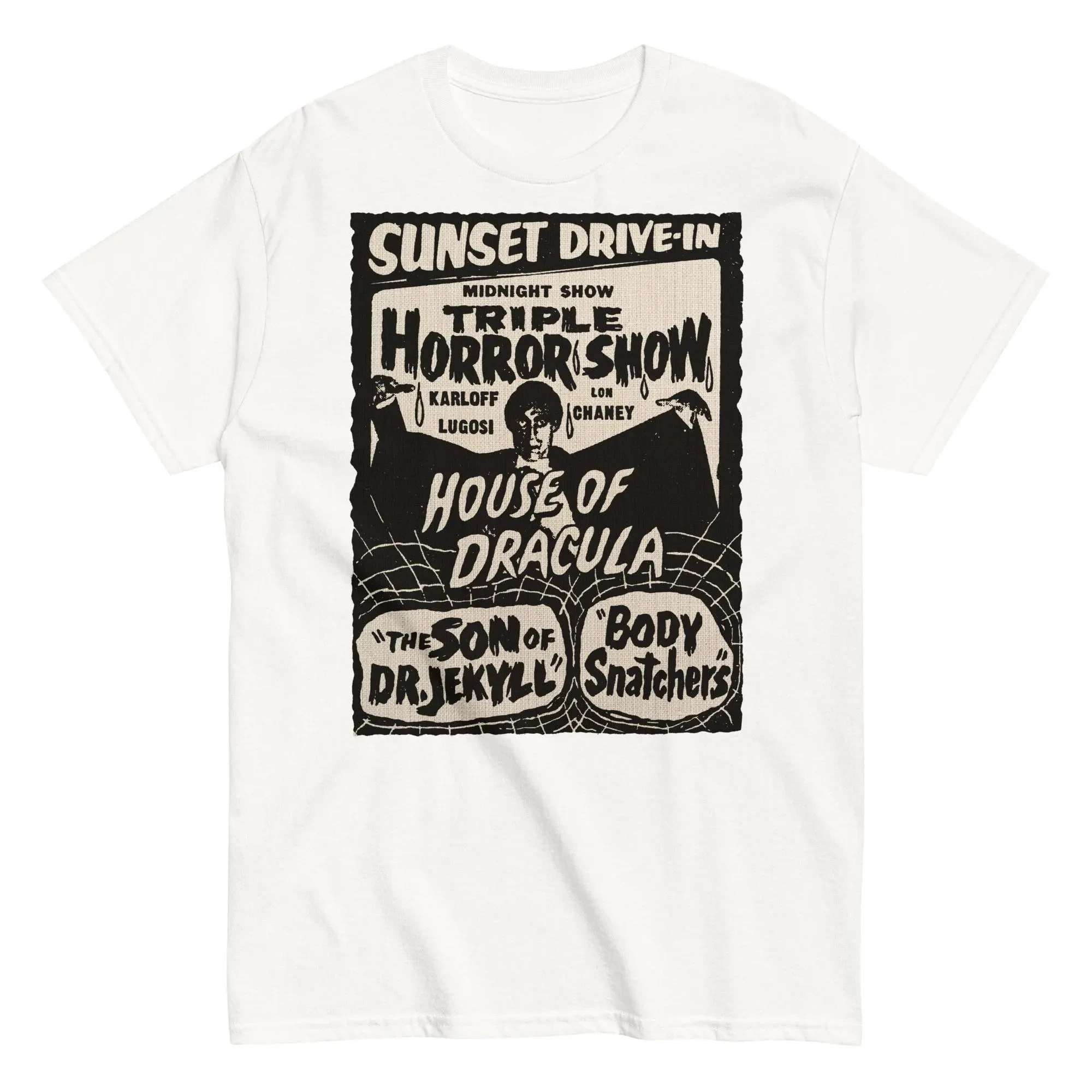 Футболка с дизайном постера «Тройное шоу ужасов» из фильма «Закатный бульвар», с изображением «Дом Дракулы», повседневная одежда, мужские и женские футболки
Футболка с дизайном постера «Тройное шоу ужасов» из фильма «Закатный бульвар», с изображением «Дом Дракулы», повседневная одежда, мужские и женские футболки