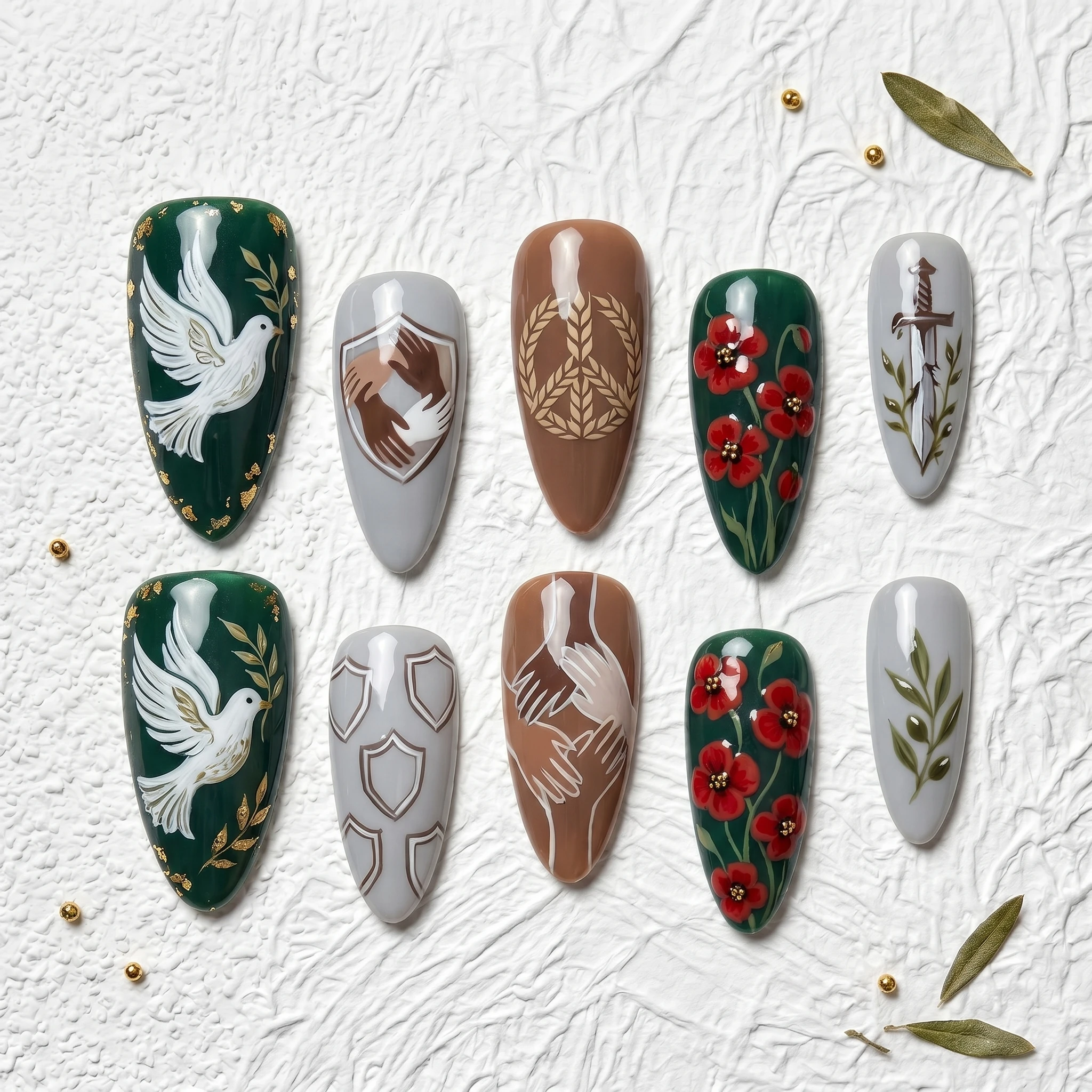 Artisan Handcrafted 10PCS Peace & Unity Stiletto Nails | Doves, Poppies, Olive Leaves, Patriotic Occasion Salon Finish
Artisan Handcrafted 10PCS Peace & Unity Stiletto Nails | Doves, Poppies, Olive Leaves, Patriotic Occasion Salon Finish