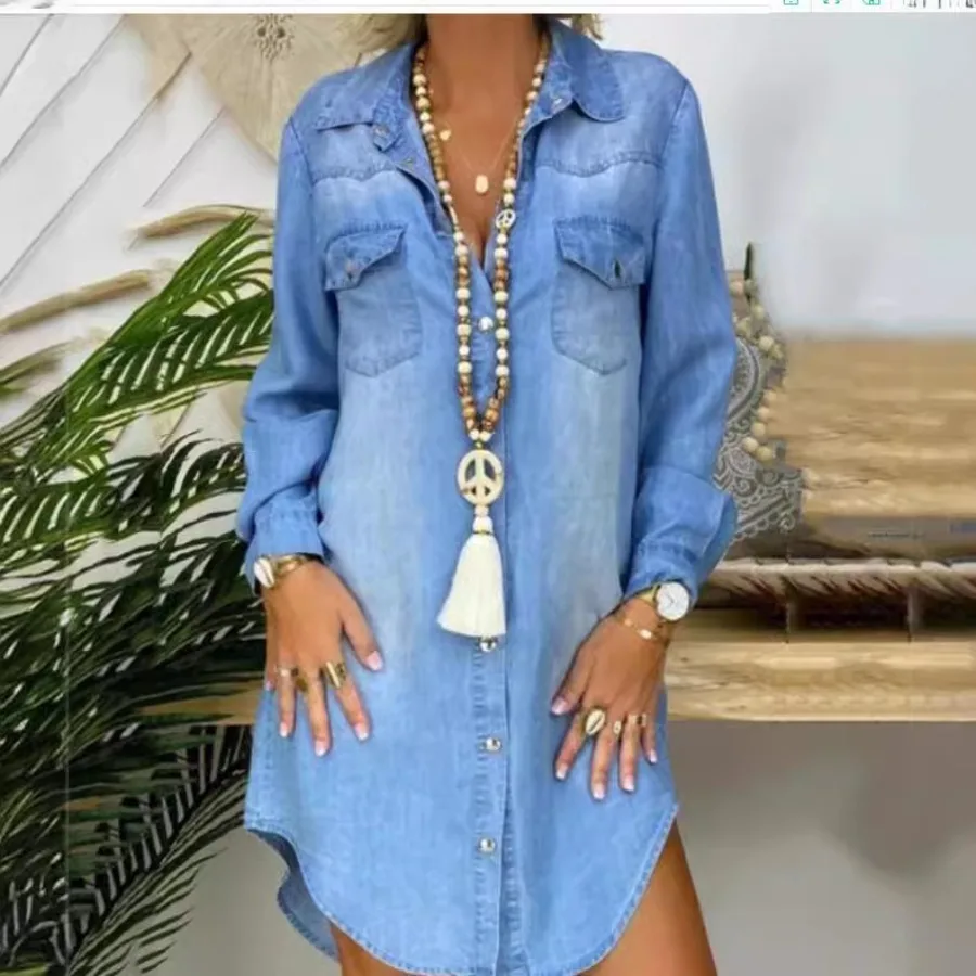 【New style】 Independence popular long-sleeved button-down pockets solid color denim shirt dress
【New style】 Independence popular long-sleeved button-down pockets solid color denim shirt dress