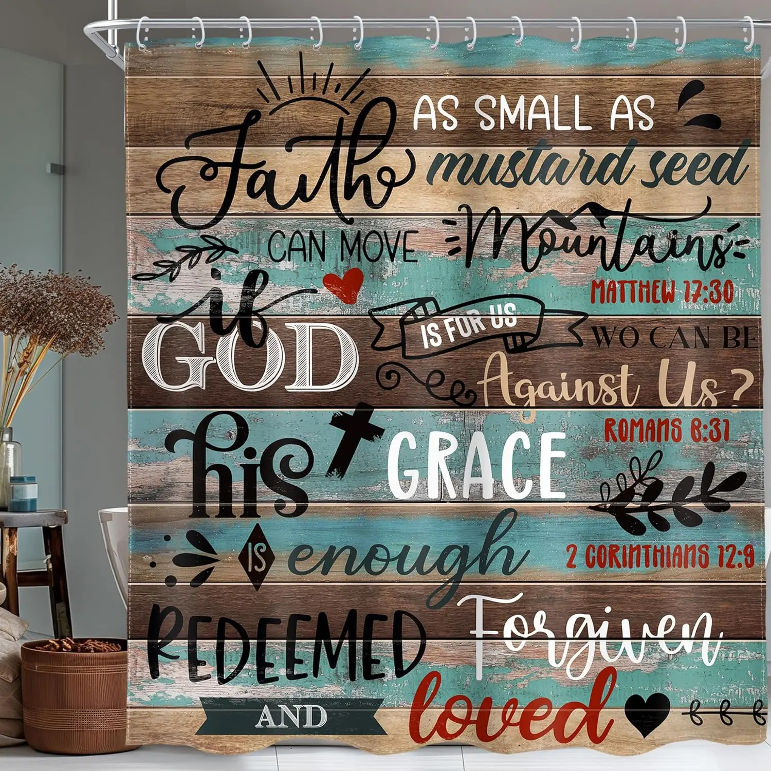 Христианская занавеска для душа с цитатами в деревенском стиле Священного Писания, вдохновляющий сине-коричневый деревянный доска из полиэстера, набор для ванной комнаты с крючками
Христианская занавеска для душа с цитатами в деревенском стиле Священного Писания, вдохновляющий сине-коричневый деревянный доска из полиэстера, набор для ванной комнаты с крючками