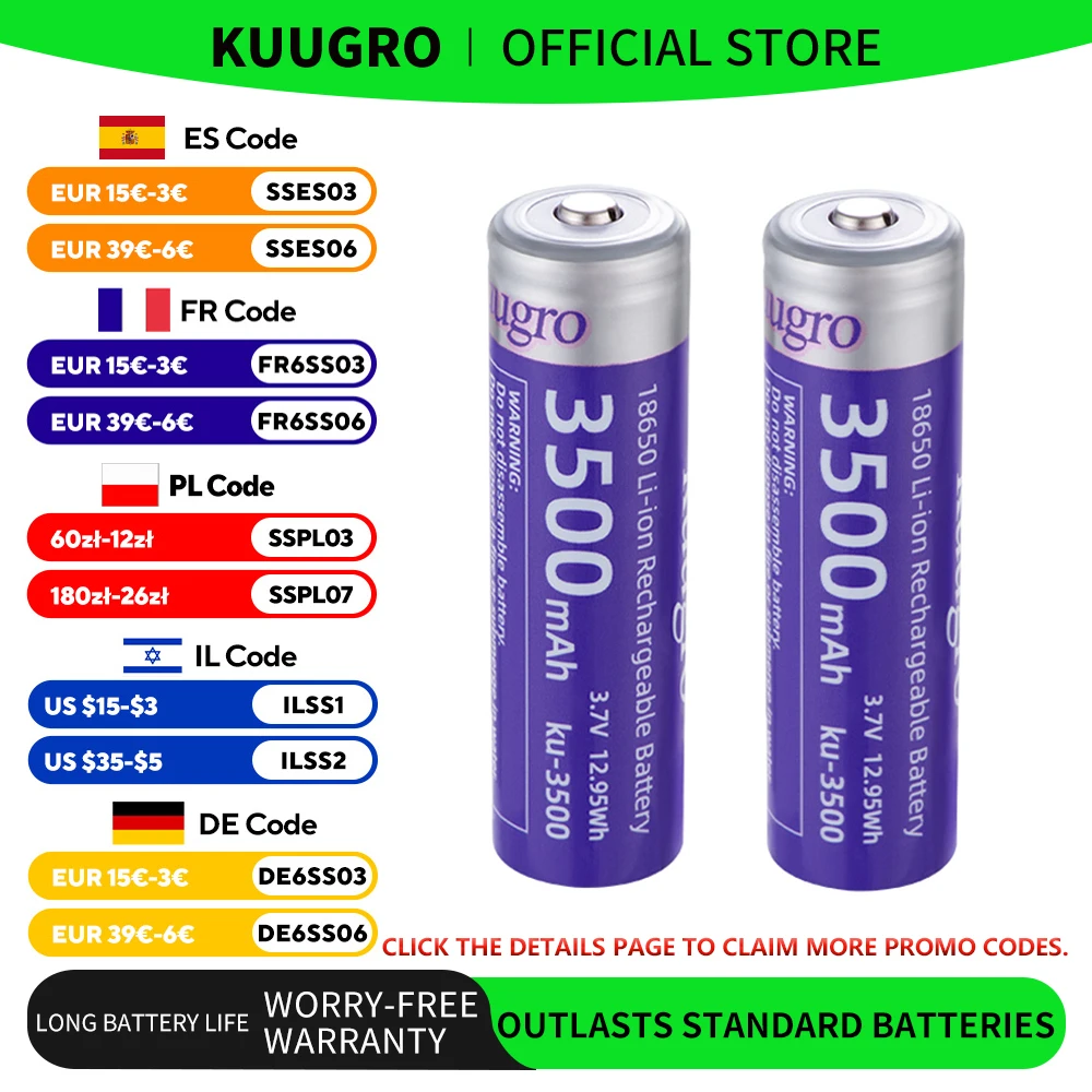 Kuugro ku-3500 18650 Battery 3500mAh 3.7V Li-ion Rechargeable Battery 12A Lithium Battery High Drain For Flashinglight Vaping
Kuugro ku-3500 18650 Battery 3500mAh 3.7V Li-ion Rechargeable Battery 12A Lithium Battery High Drain For Flashinglight Vaping