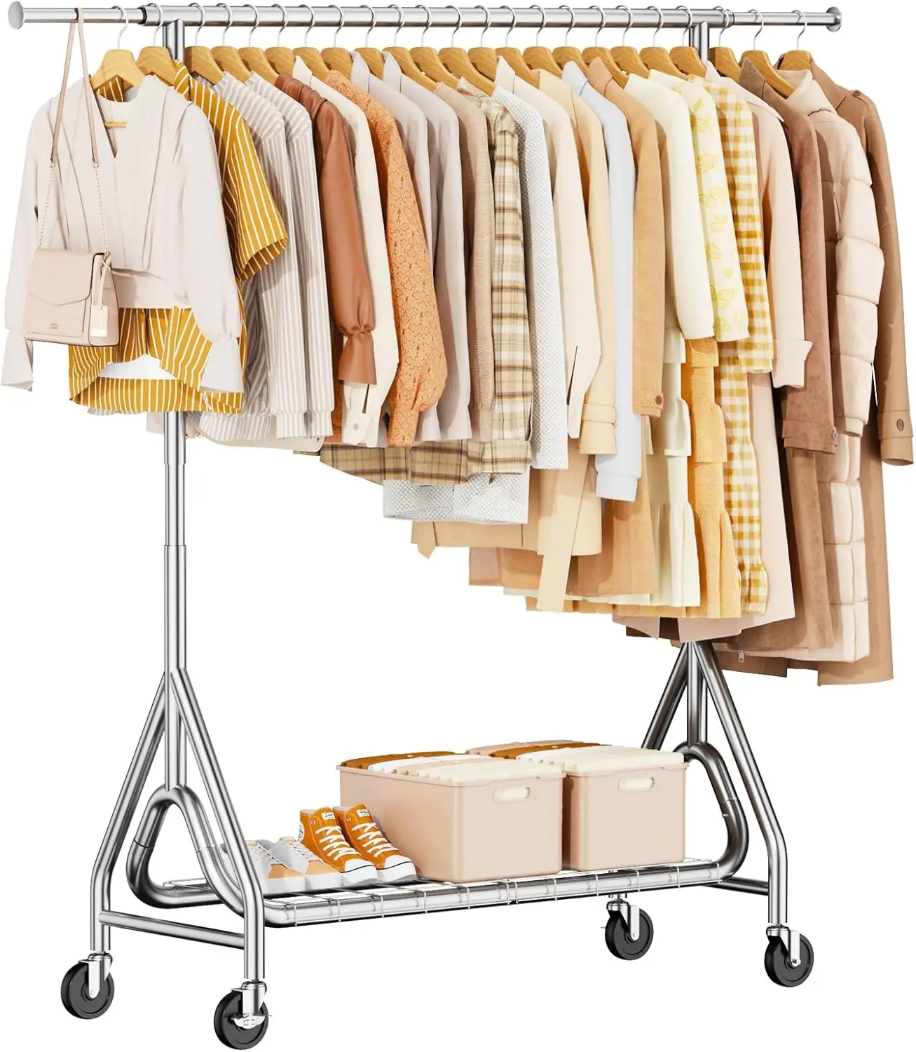 Heavy Duty Rolling Clothes Rack with Lockable Wheels, 450LB Capacity, Adjustable Height & Length, Silver
Heavy Duty Rolling Clothes Rack with Lockable Wheels, 450LB Capacity, Adjustable Height & Length, Silver