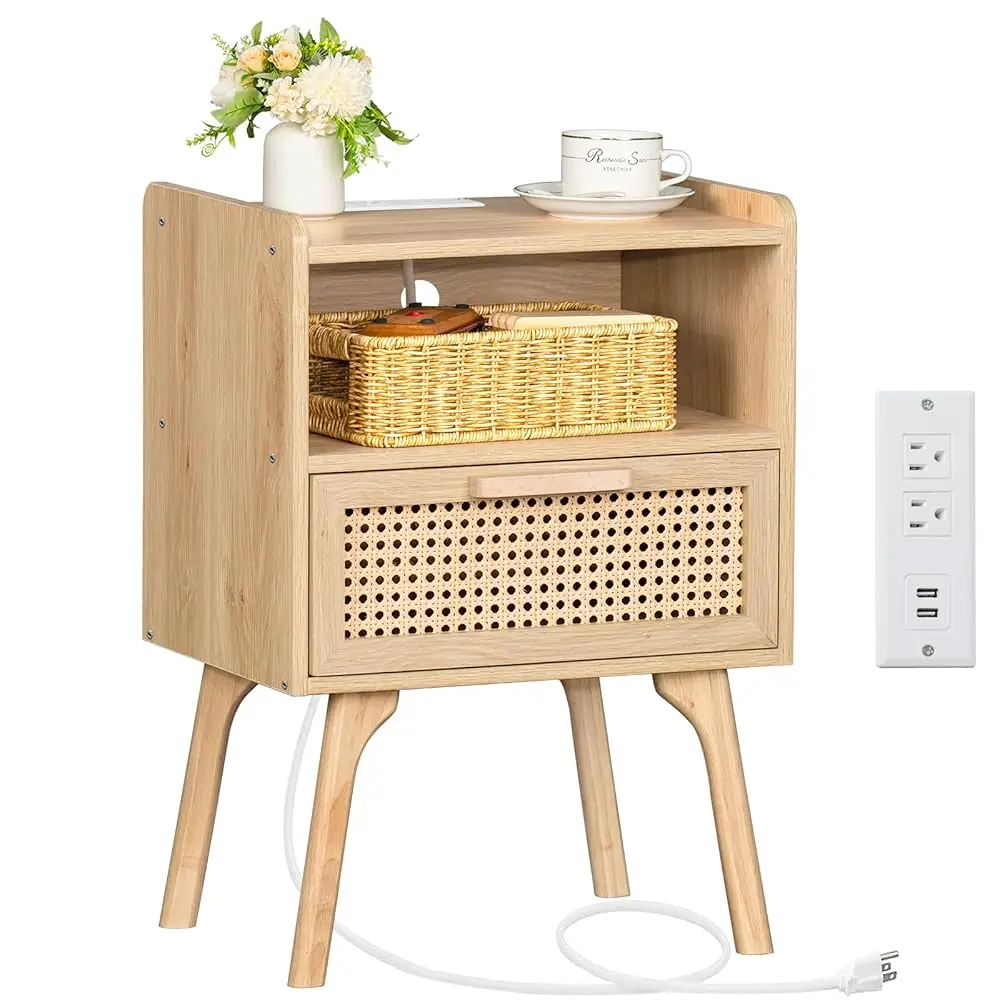 Rattan Nightstand With Charging Station, Boho Side Table With Drawer Open Shelf, Cane Accent Bedside End Table With Solid Wood
Rattan Nightstand With Charging Station, Boho Side Table With Drawer Open Shelf, Cane Accent Bedside End Table With Solid Wood
