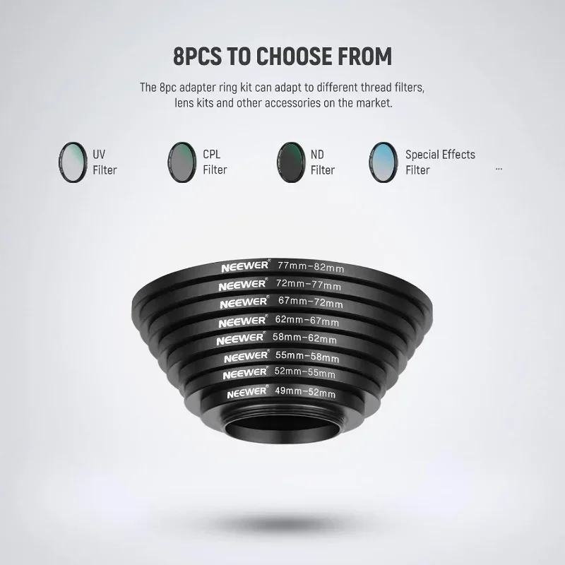 8 Pieces Step-up Adapter Ring Set Made of Premium Anodized Aluminum 49-52-55-58-62-67-72-77-82 for Photography
8 Pieces Step-up Adapter Ring Set Made of Premium Anodized Aluminum 49-52-55-58-62-67-72-77-82 for Photography
