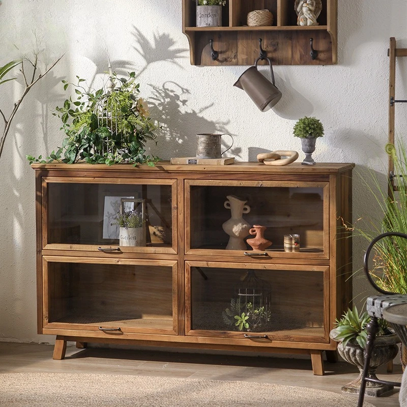 All solid log style retro dining side cabinet pull-up glass door lattice tea room old tea storage
All solid log style retro dining side cabinet pull-up glass door lattice tea room old tea storage
