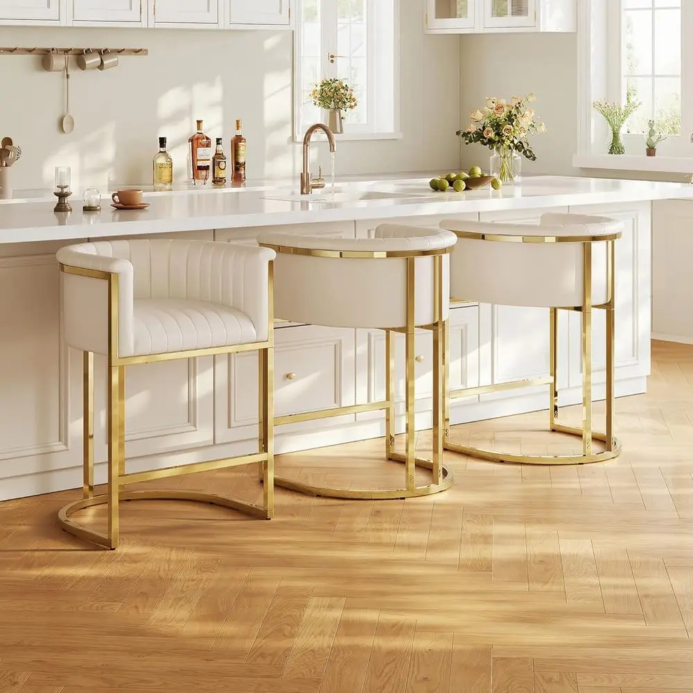 Set of 3 Counter Height Bar Stools with Backrest and Arms, Leather Upholstered, Gold Metal Frame, Ivory White
Set of 3 Counter Height Bar Stools with Backrest and Arms, Leather Upholstered, Gold Metal Frame, Ivory White
