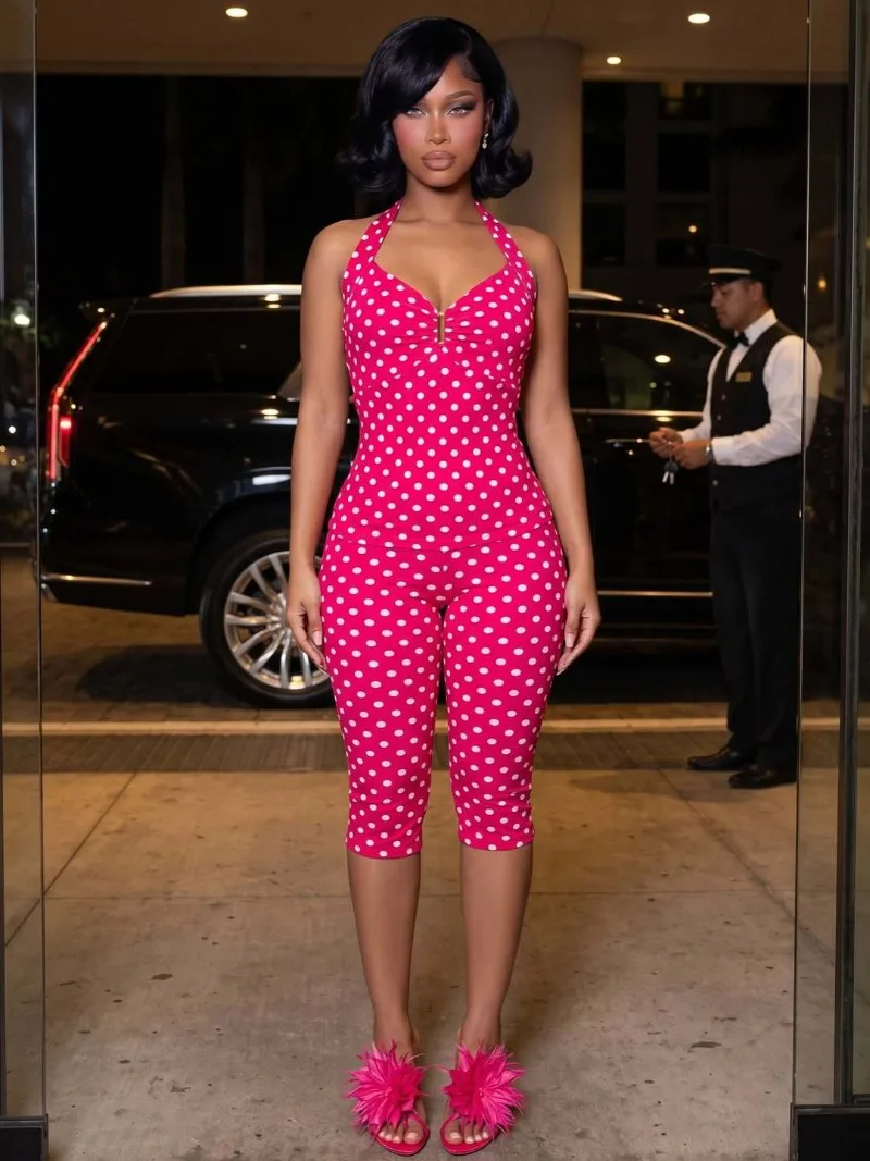 Women Sexy Trend Polka Dots Print Slim 2 Piece Set V Neck Lace Up Halter Backless Tanks Top + Knee Length Pants Streetwear Suits
Women Sexy Trend Polka Dots Print Slim 2 Piece Set V Neck Lace Up Halter Backless Tanks Top + Knee Length Pants Streetwear Suits