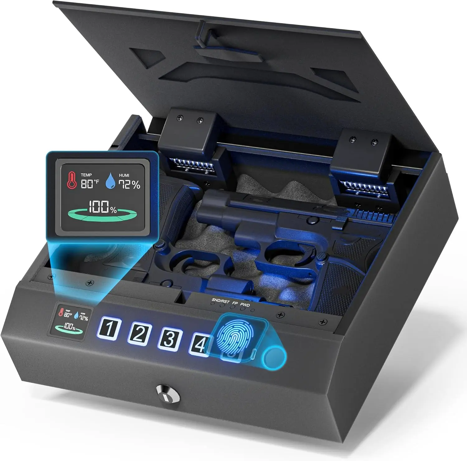 Pistol Safe with LCD Display & Anti-theft Rope, Quick Access via Fingerprint/Keypad/Keys/Type C Port for Home, Bedside, Car
Pistol Safe with LCD Display & Anti-theft Rope, Quick Access via Fingerprint/Keypad/Keys/Type C Port for Home, Bedside, Car