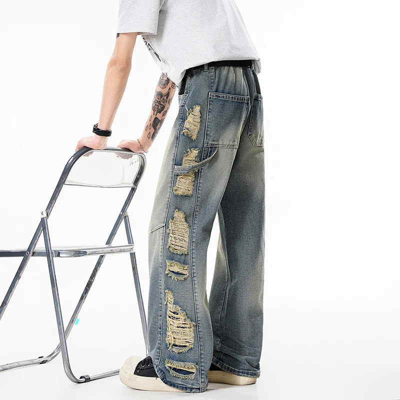 Men's Jeans Vintage Wash Distressed Ripped Jeans Loose Straight Leg Pants Elastic Waist Streetwear Destroyed Side Fringe Details
Men's Jeans Vintage Wash Distressed Ripped Jeans Loose Straight Leg Pants Elastic Waist Streetwear Destroyed Side Fringe Details