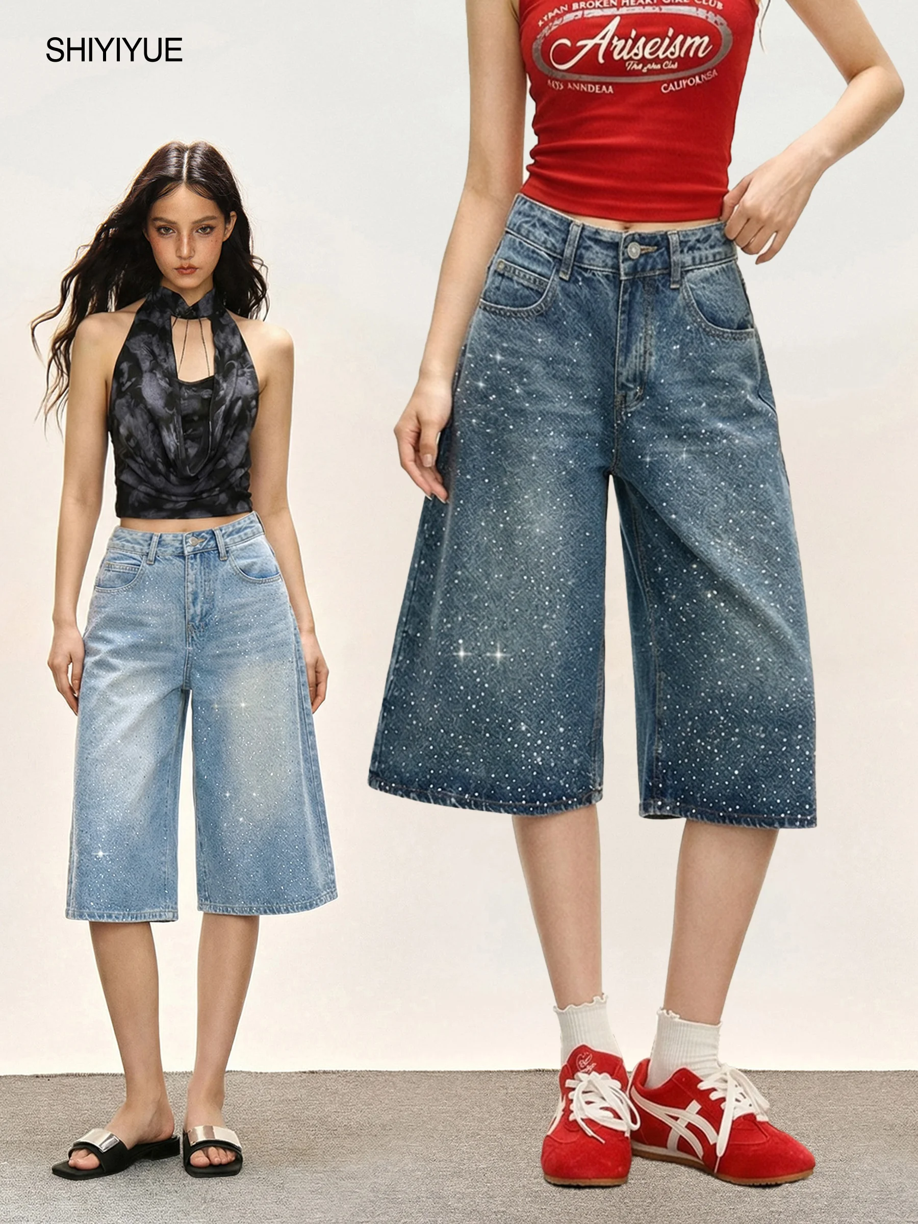 High Waist Glittering Jeans Shorts Women's Summer Casual Loose Straight Leg Mid-Length Pants Comfortable Breathable Pure Color
High Waist Glittering Jeans Shorts Women's Summer Casual Loose Straight Leg Mid-Length Pants Comfortable Breathable Pure Color