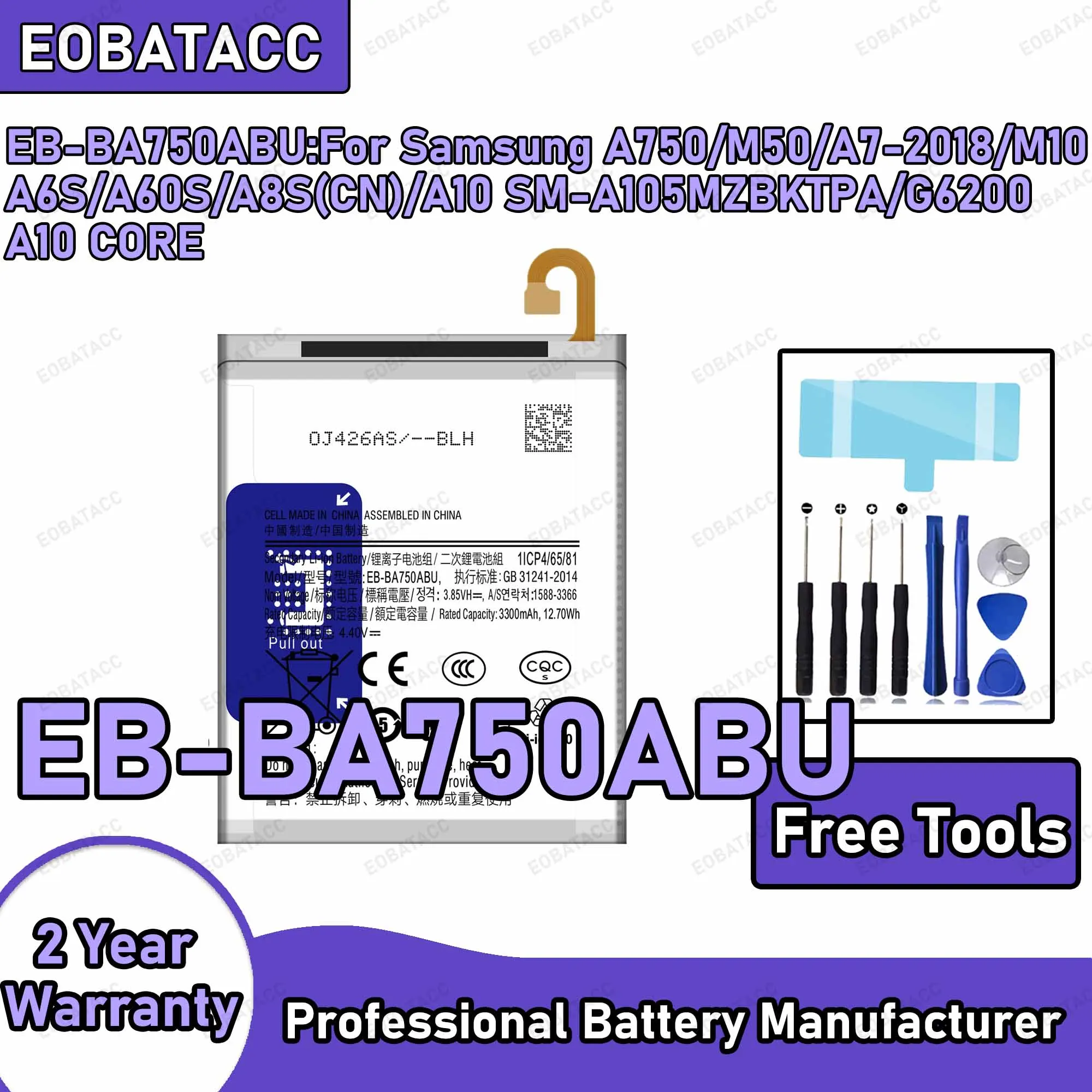 3300mAh EB-BA750ABU Replacement Battery for Samsung Galaxy A750/M50/A7-2018/M10A6S/A60S with Repair Tools Kit
3300mAh EB-BA750ABU Replacement Battery for Samsung Galaxy A750/M50/A7-2018/M10A6S/A60S with Repair Tools Kit