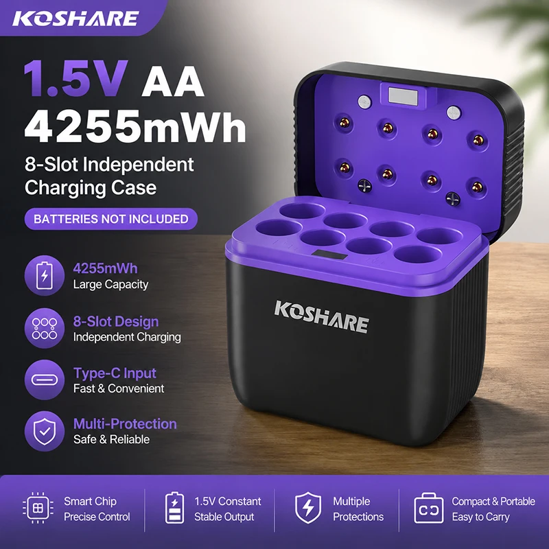 KOSHARE 1.5V Constant Voltage Rechargeable Battery Charger With LED Display Smart Charging Case For AA 4255mWh Lithium Batteries
KOSHARE 1.5V Constant Voltage Rechargeable Battery Charger With LED Display Smart Charging Case For AA 4255mWh Lithium Batteries