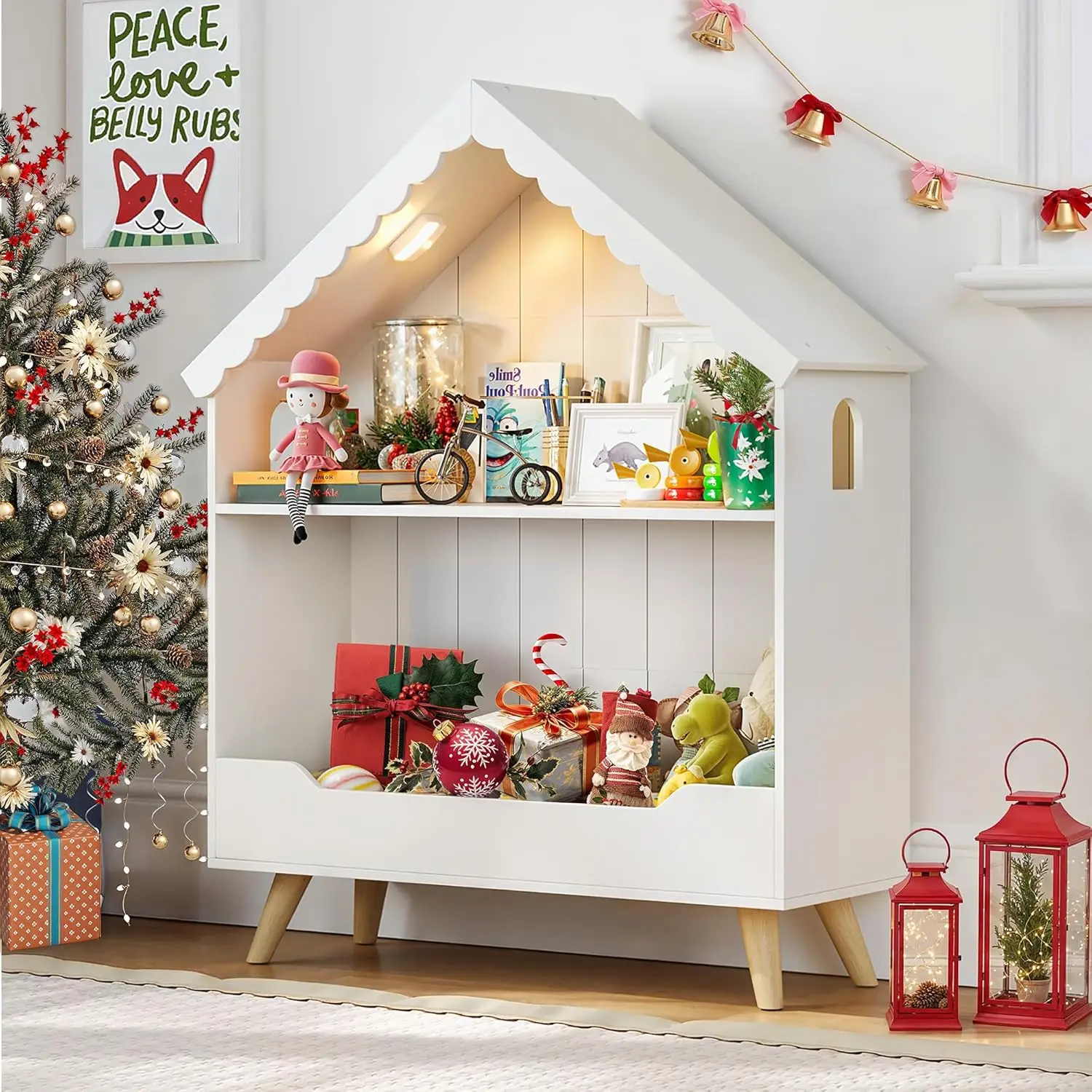 Kids Dollhouse Bookshelf Wooden Bookcase Storage with Motion Activated Light 2 Tier Open Display Organizer for Toys Books
Kids Dollhouse Bookshelf Wooden Bookcase Storage with Motion Activated Light 2 Tier Open Display Organizer for Toys Books